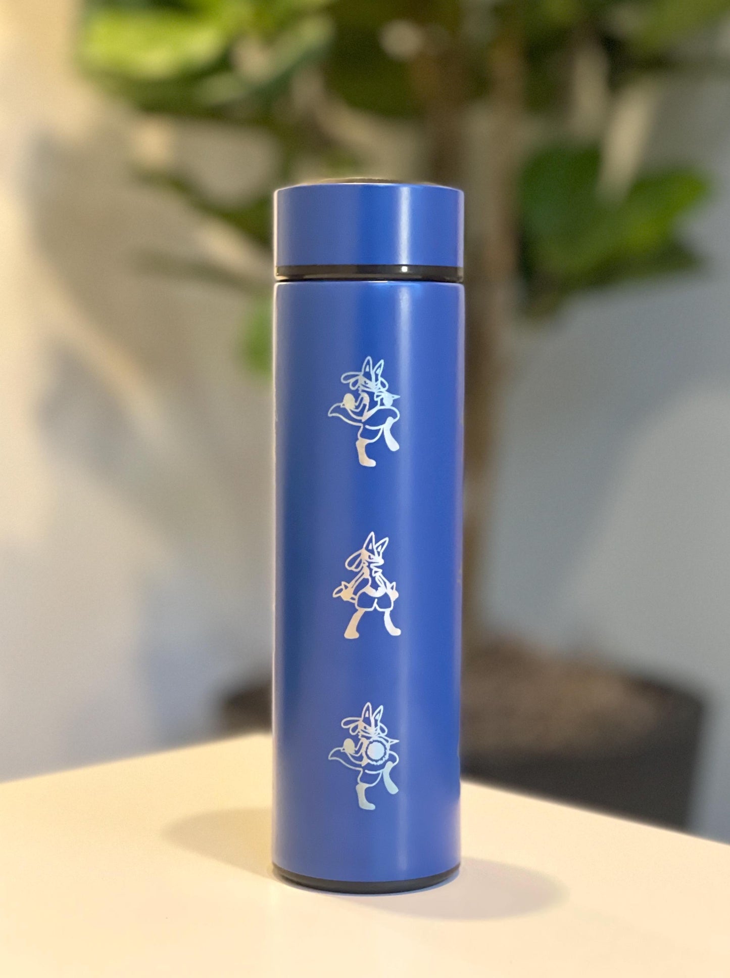 Lucario Coffee Tumbler Tea Infuser Waterbottle with Mega Lucario Aura Sphere, Engraved Water Bottle Thermos, Gamer Anniversary Birthday Gift