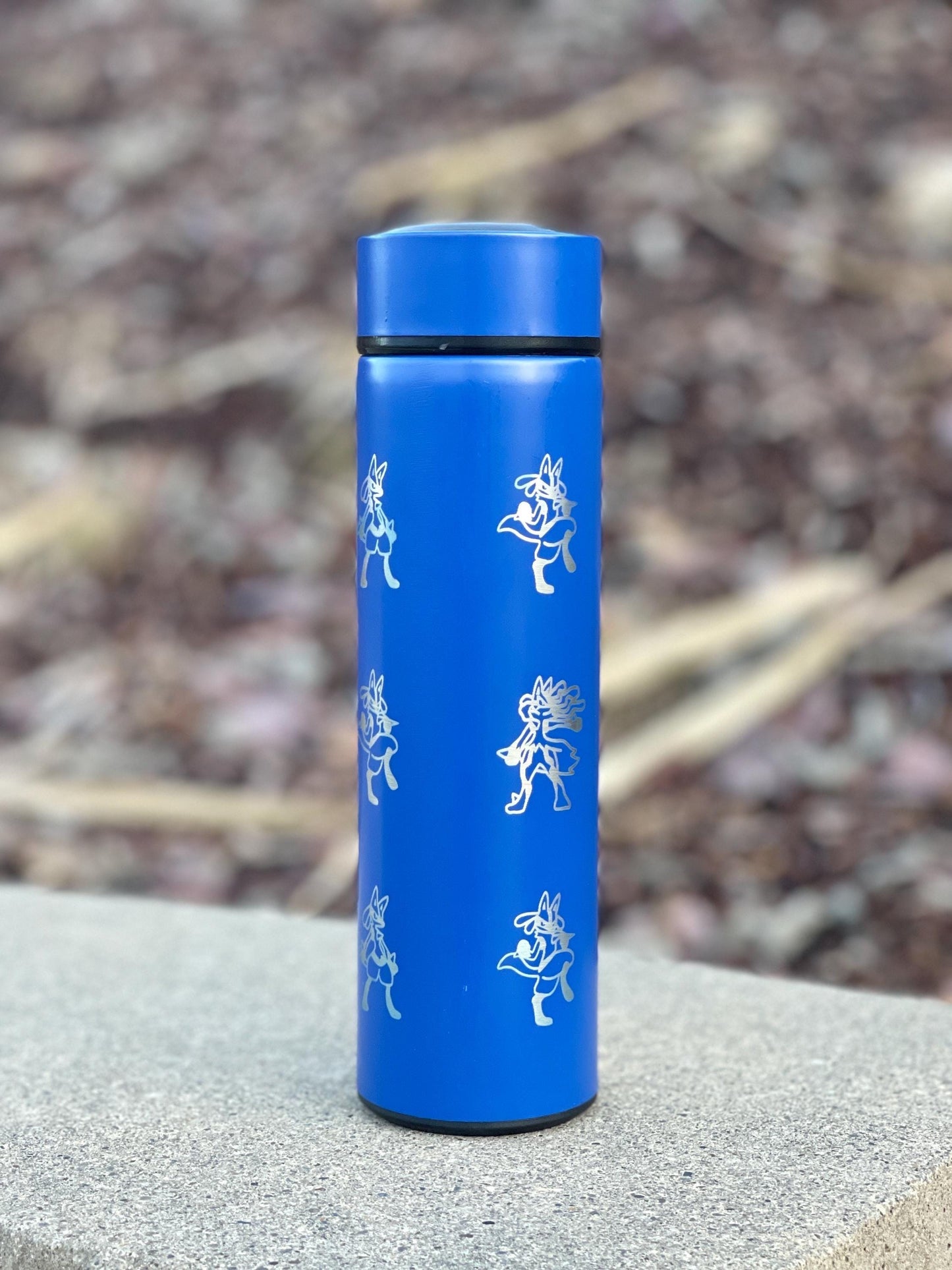 Lucario Coffee Tumbler Tea Infuser Waterbottle with Mega Lucario Aura Sphere, Engraved Water Bottle Thermos, Gamer Anniversary Birthday Gift