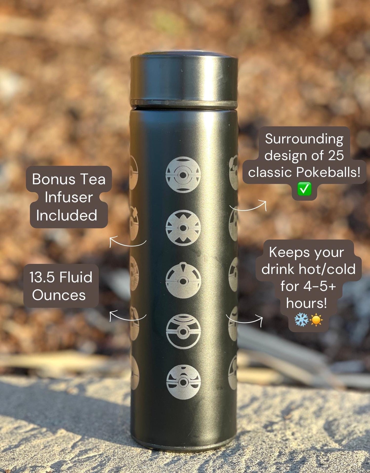 25 Classic Pokeballs Coffee Tumbler Waterbottle with Tea Infuser, Great Ultra Master Ball Thermos Water Bottle, Anime Travel Mug Gamer Gift