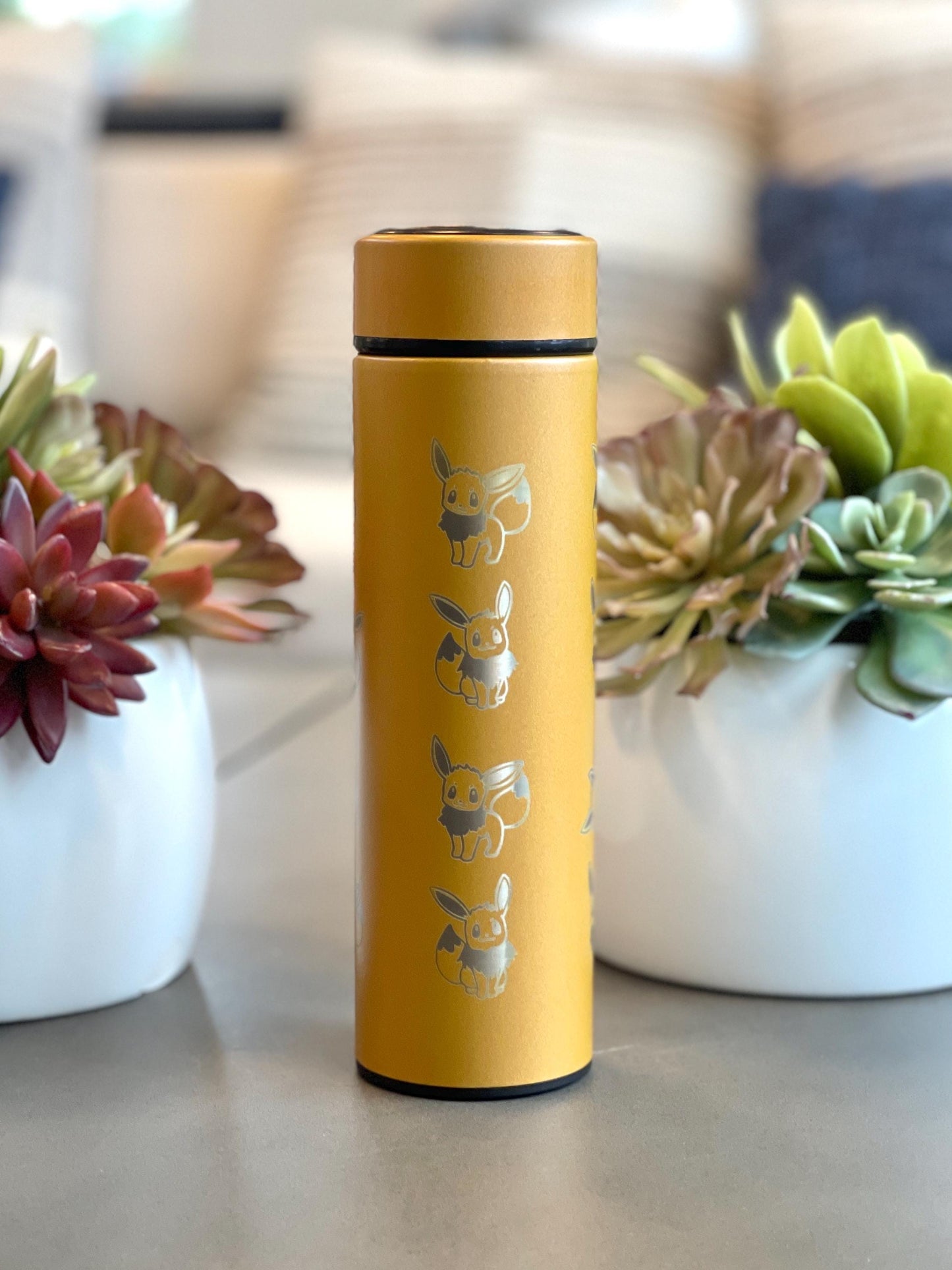 Eevee Coffee Tumbler with Tea Infuser, Engraved Shiny Eevee Water Bottle Gigantamax & Lana’s Sandy Eevee Thermos, Eeveelution Anime Fan Gift