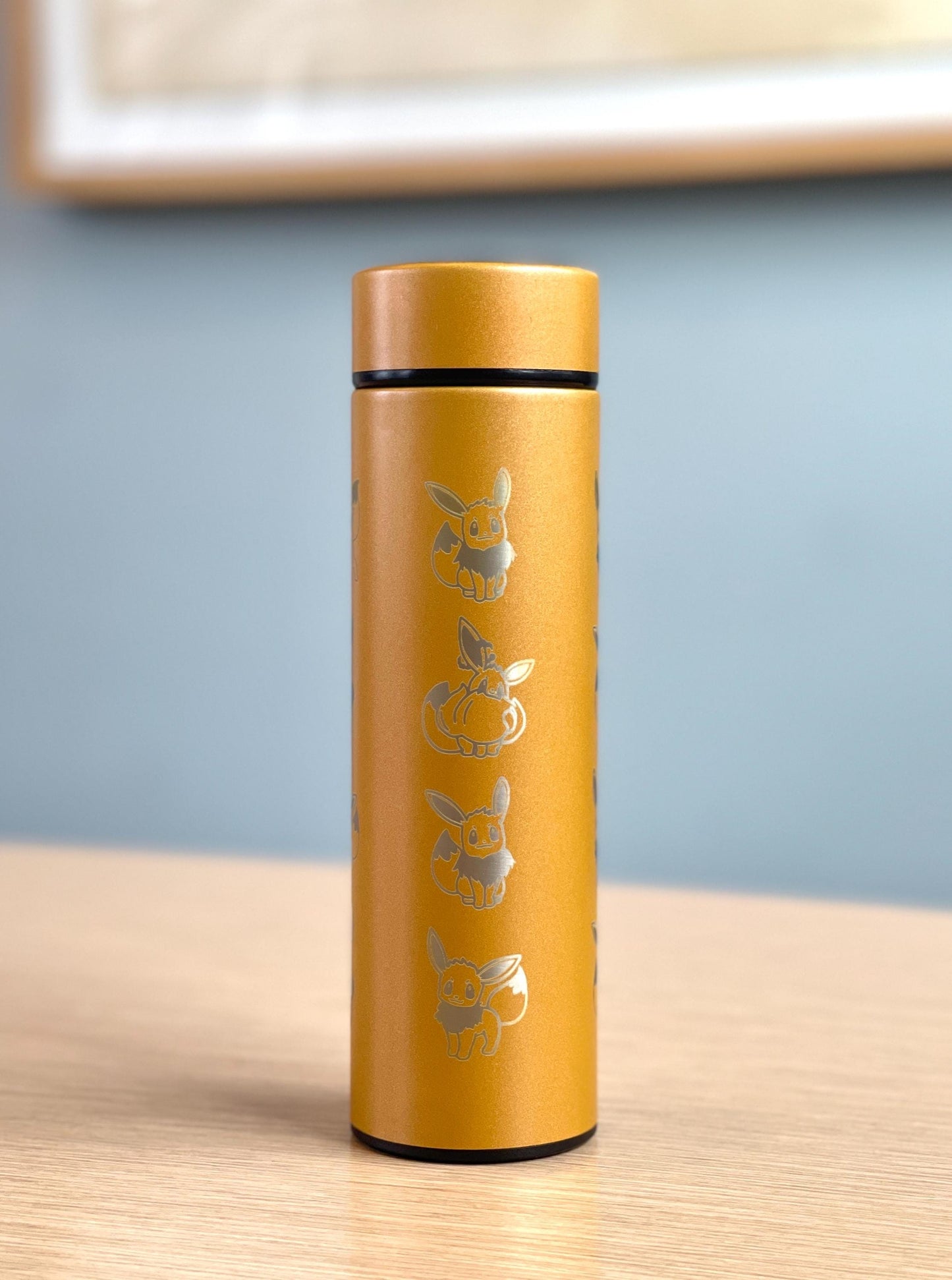 Eevee Coffee Tumbler with Tea Infuser, Engraved Shiny Eevee Water Bottle Gigantamax & Lana’s Sandy Eevee Thermos, Eeveelution Anime Fan Gift