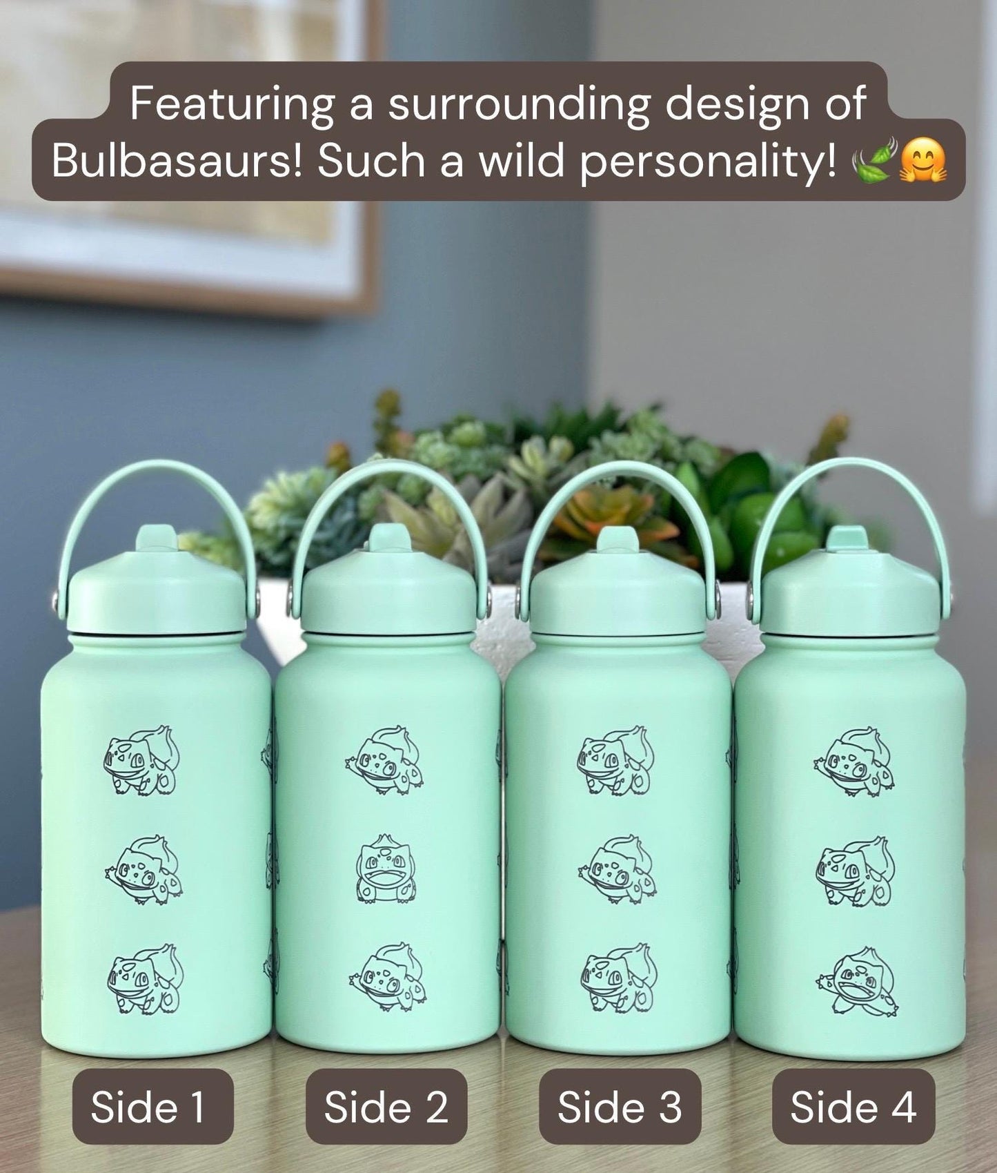 Bulbasaur Water Bottle Engraved Coffee Tumbler, Grass Kanto Starter Waterbottle Thermos Travel Mug Flask, Anime Fan Birthday Gift