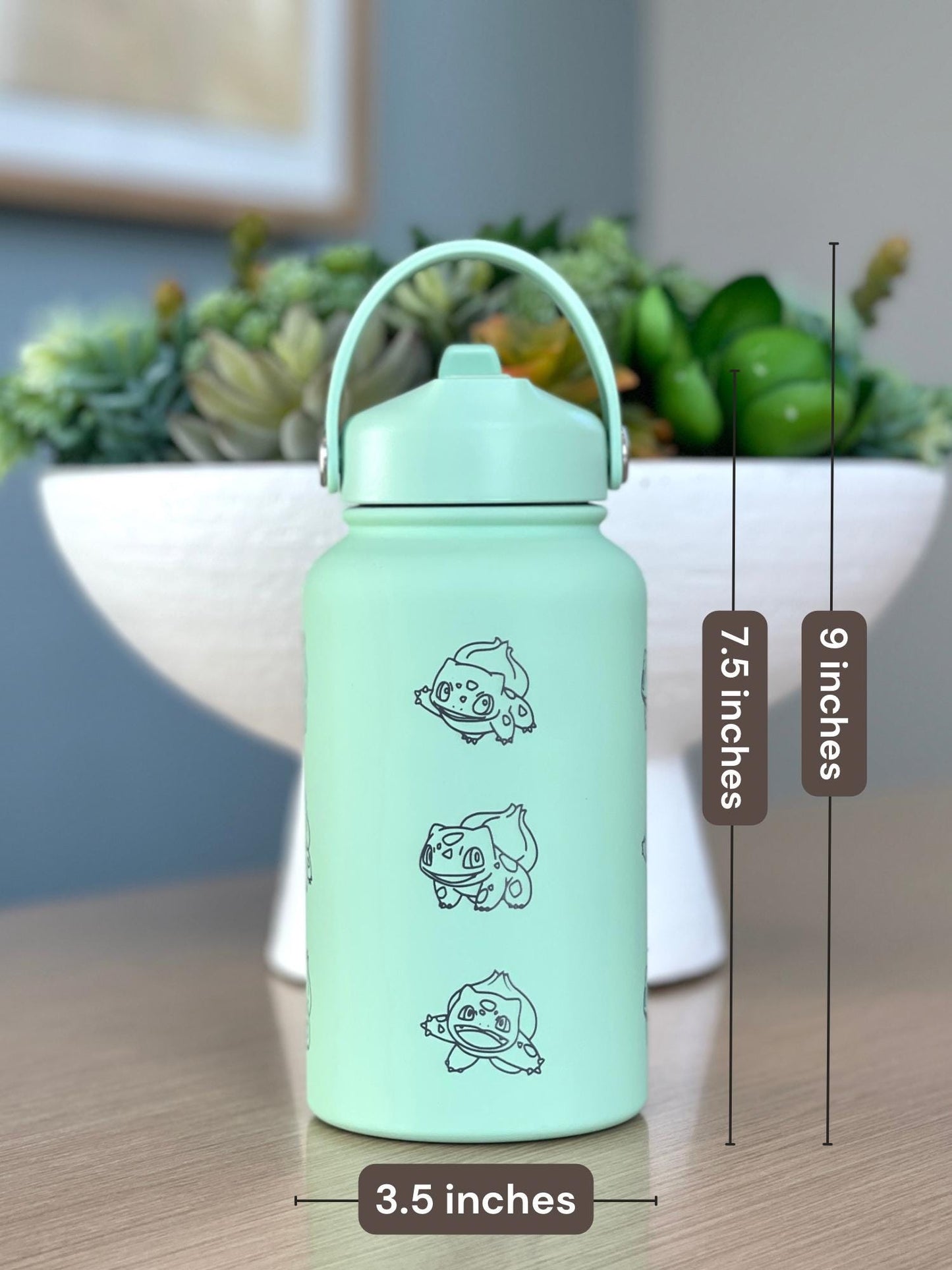 Bulbasaur Water Bottle Engraved Coffee Tumbler, Grass Kanto Starter Waterbottle Thermos Travel Mug Flask, Anime Fan Birthday Gift