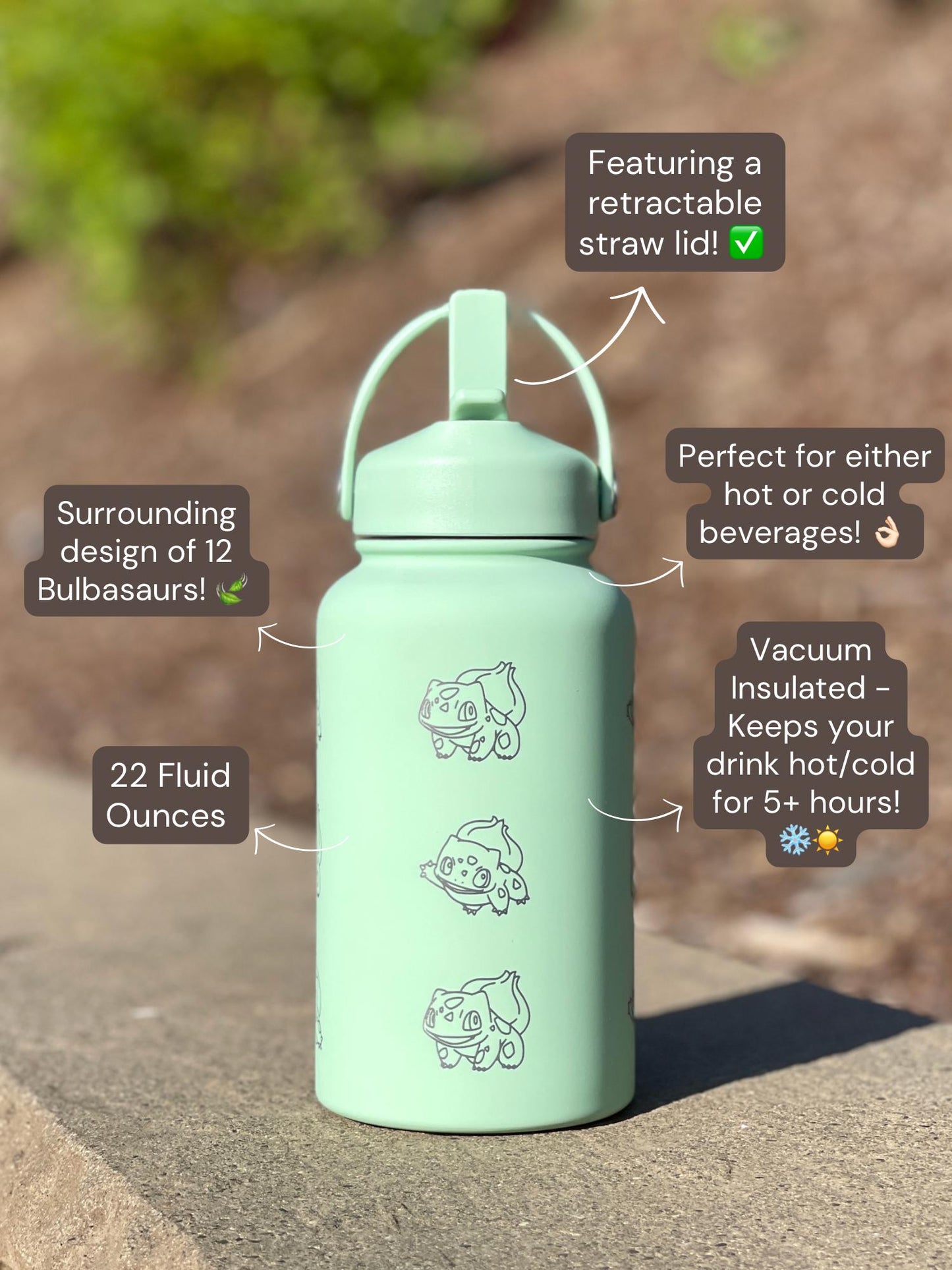 Bulbasaur Water Bottle Engraved Coffee Tumbler, Grass Kanto Starter Waterbottle Thermos Travel Mug Flask, Anime Fan Birthday Gift