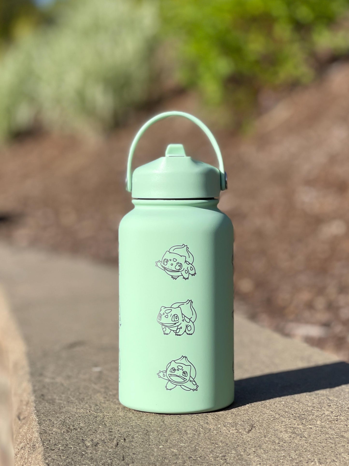 Bulbasaur Water Bottle Engraved Coffee Tumbler, Grass Kanto Starter Waterbottle Thermos Travel Mug Flask, Anime Fan Birthday Gift