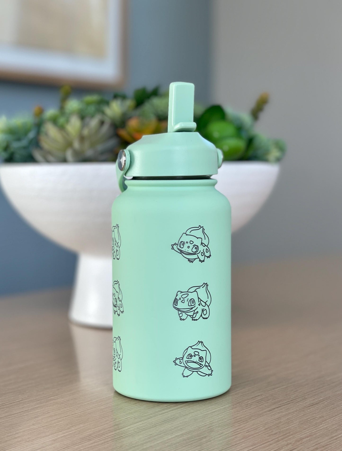 Bulbasaur Water Bottle Engraved Coffee Tumbler, Grass Kanto Starter Waterbottle Thermos Travel Mug Flask, Anime Fan Birthday Gift