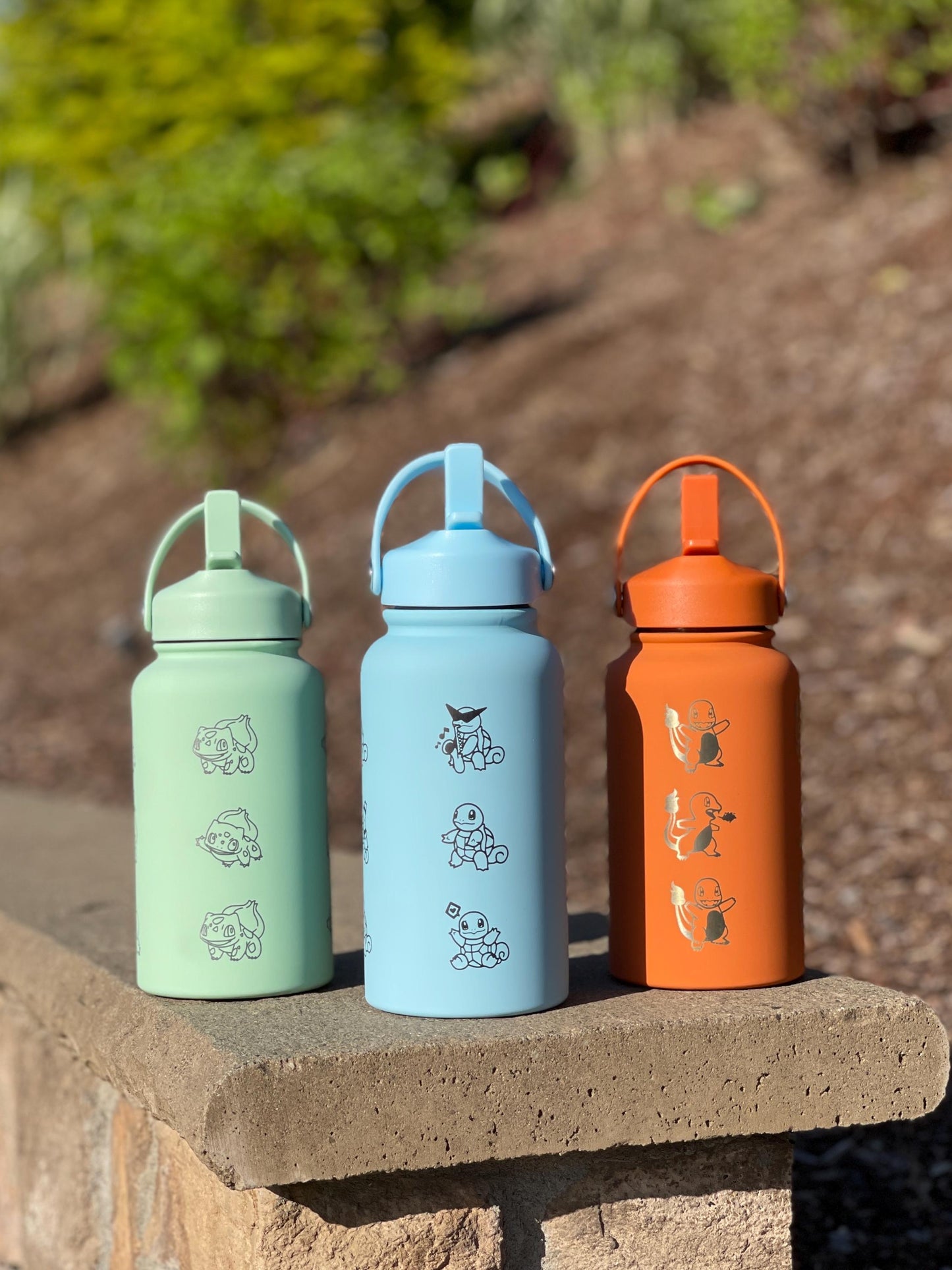 Kanto Starter Waterbottle Set, Bulbasaur Charmander Squirtle Engraved Water Bottle Coffee Tea Tumbler Travel Mug, Anime Fan Birthday Gift