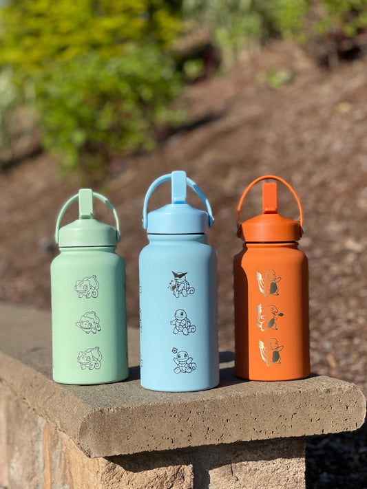 Kanto Starter Waterbottle Set, Bulbasaur Charmander Squirtle Engraved Water Bottle Coffee Tea Tumbler Travel Mug, Anime Fan Birthday Gift