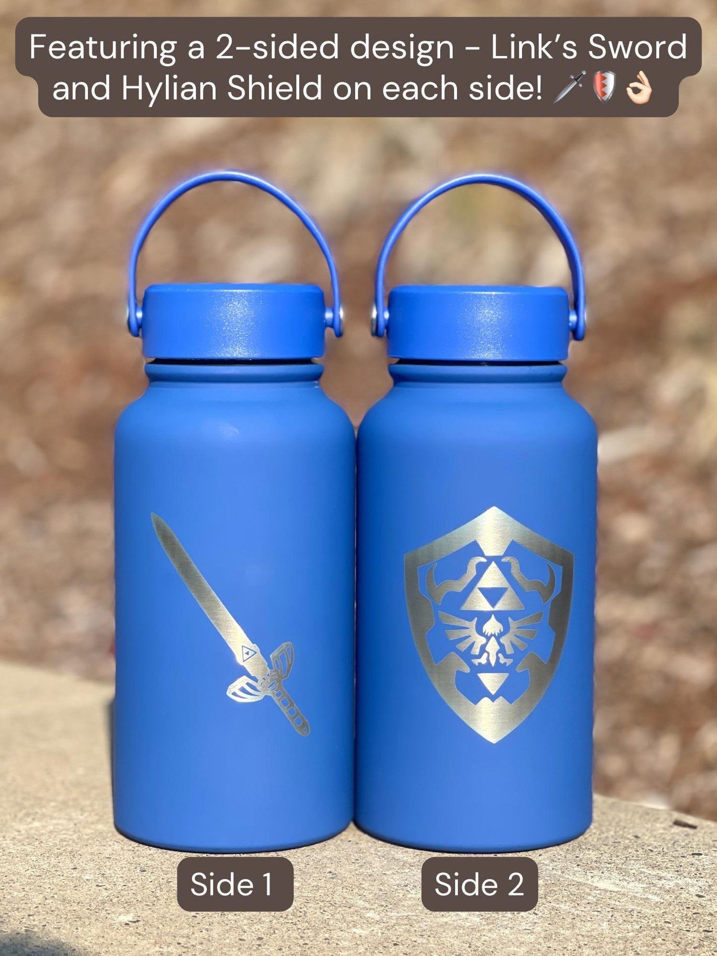 Zelda Hylian Shield & Sword Link Water Bottle, Breath of the Wild Coffee Tumbler, Gamer Birthday Anniversary Travel Mug Thermos Flask Gift