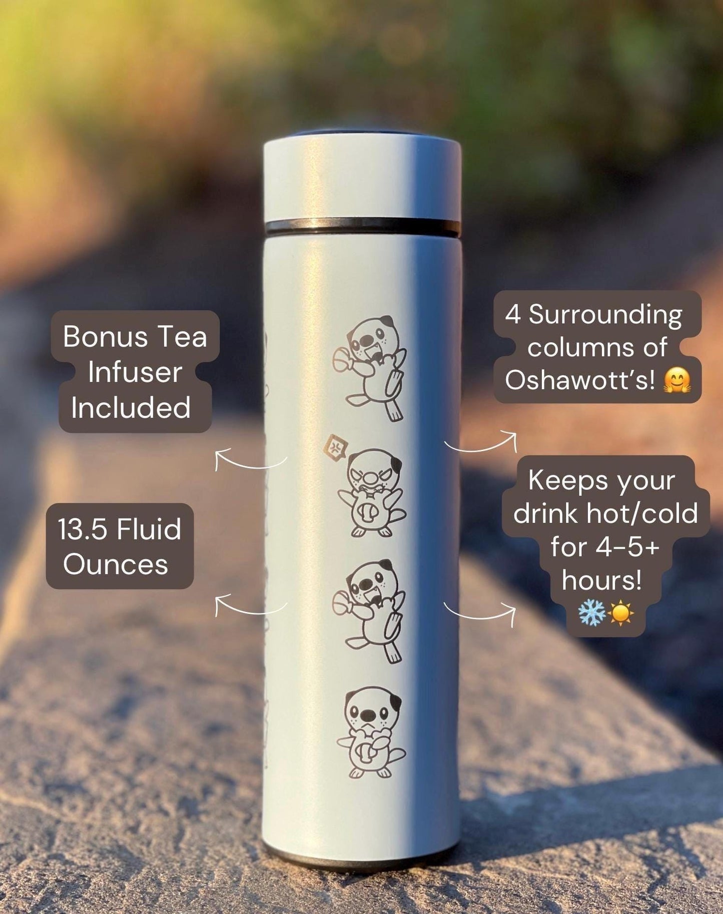 Oshawott Coffee Tumbler Tea Infuser Water Bottle, Unova Starter Otter Shell Travel Mug Thermos, Anime Fan Gamer Birthday Anniversary Gift