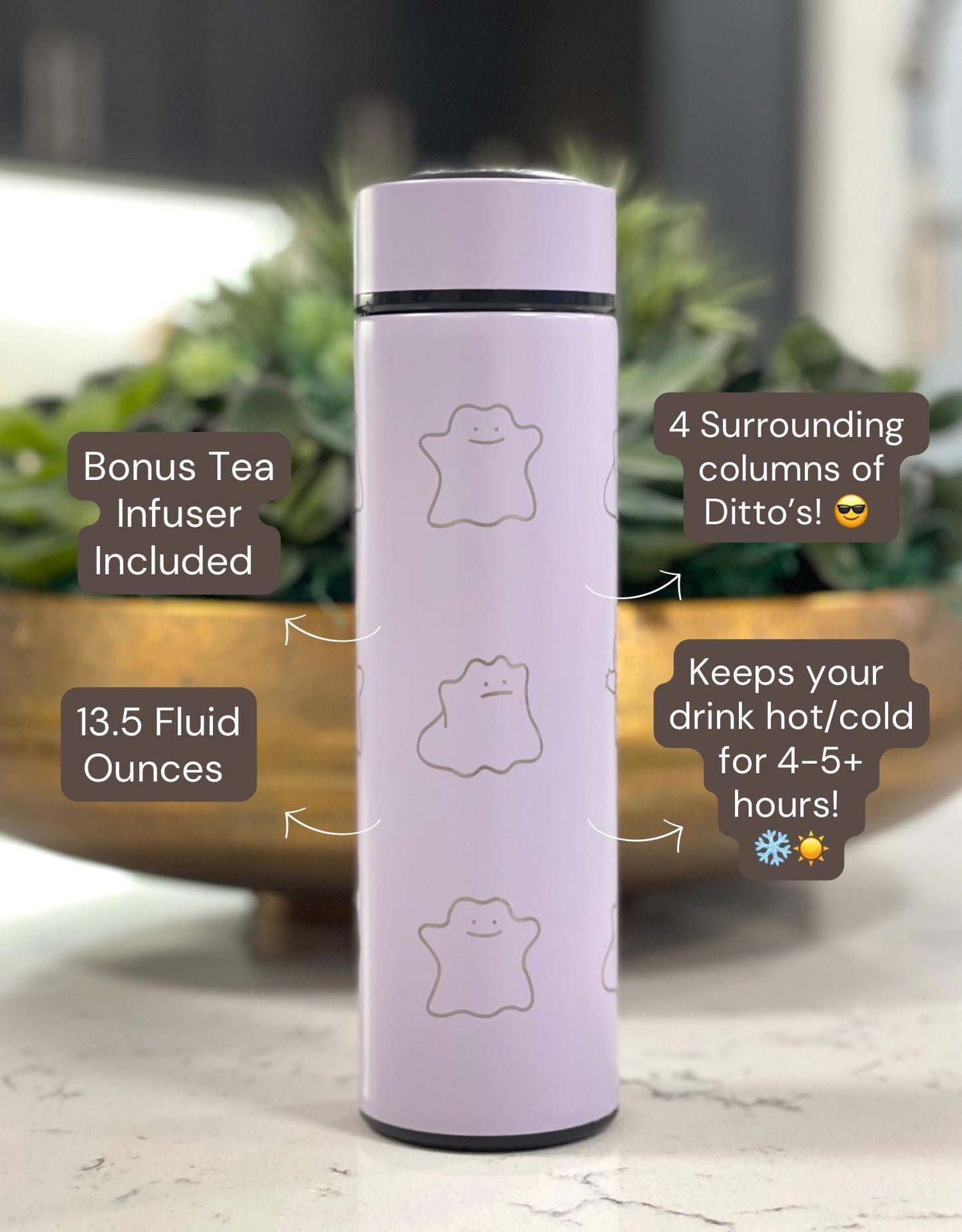 Ditto Coffee Tumbler Shiny Ditto Engraved Tea Infuser Waterbottle with Fake Squirtle and Eevee, Funny Anime Meme Birthday Anniversary Gift
