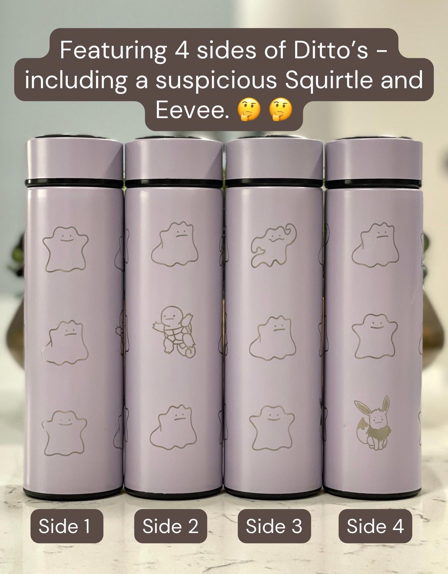 Ditto Coffee Tumbler Shiny Ditto Engraved Tea Infuser Waterbottle with Fake Squirtle and Eevee, Funny Anime Meme Birthday Anniversary Gift