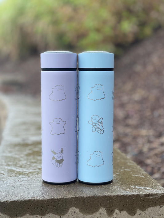 Ditto Coffee Tumbler Shiny Ditto Engraved Tea Infuser Waterbottle with Fake Squirtle and Eevee, Funny Anime Meme Birthday Anniversary Gift