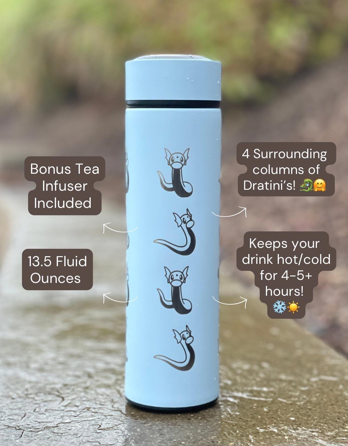 Dratini Coffee Tumbler Tea Infuser Waterbottle, Dragon Pokemon Dragonite Travel Mug Cup Drinkware, Anime Fan Birthday Anniversary Gift