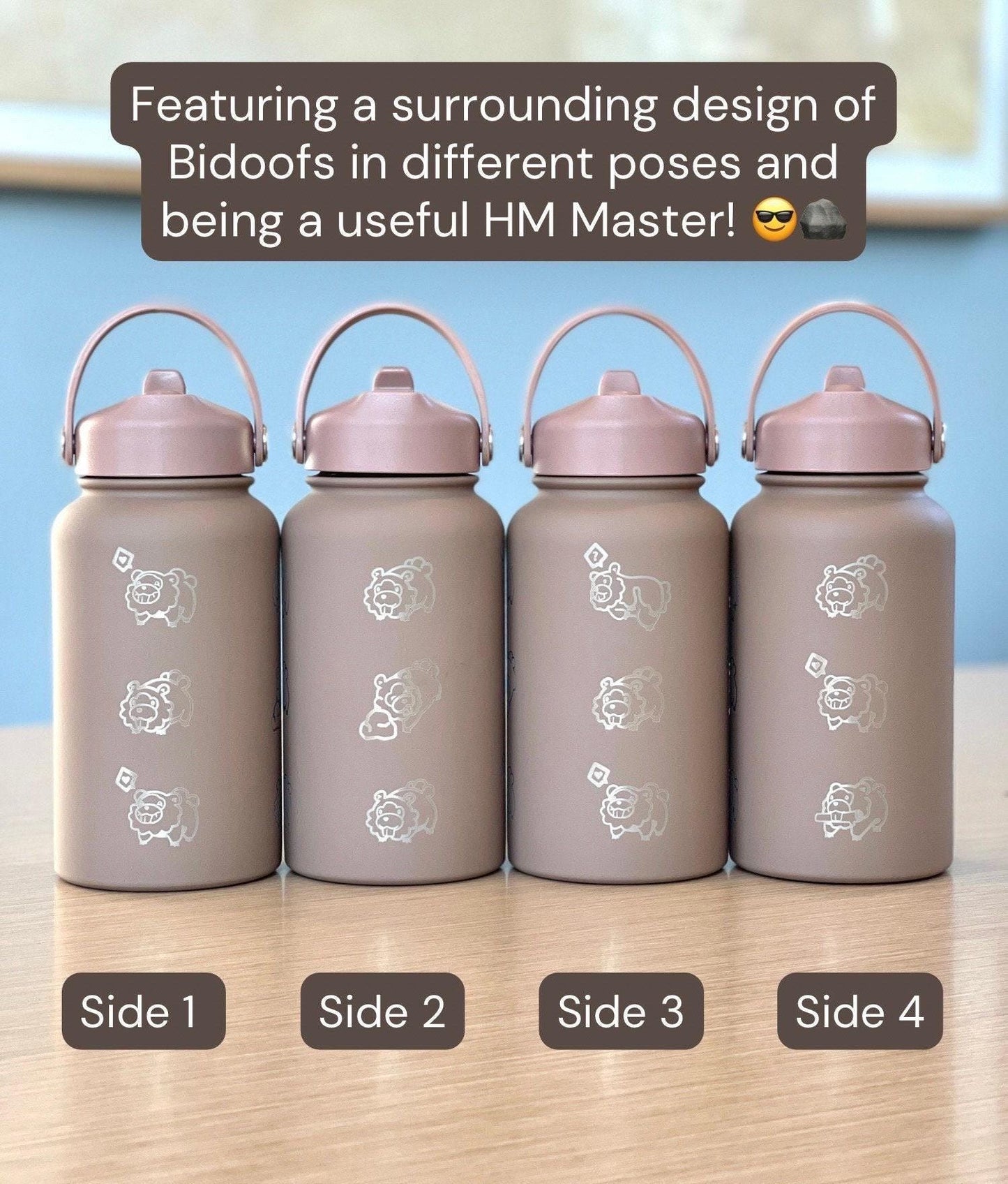 Bidoof Water Bottle Engraved Straw Waterbottle Coffee Tumbler, HM Slave Rock Smash Cut, Funny Meme Anime Fan Travel Mug Cup Drink Gift
