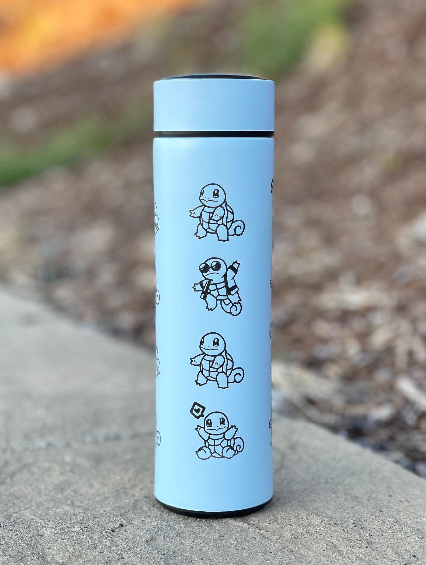 Squirtle Squad Coffee Tumbler with Tea Infuser, Glasses Sunglasses Saxophone Squirtle, Engraved Waterbottle Water Starter Travel Mug Gift