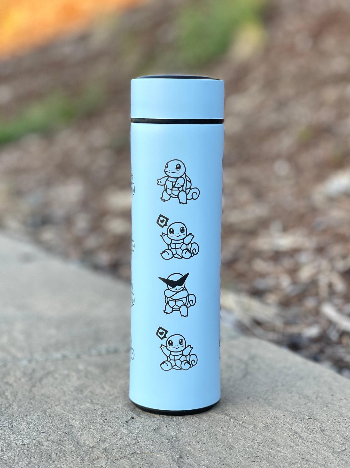 Squirtle Squad Coffee Tumbler with Tea Infuser, Glasses Sunglasses Saxophone Squirtle, Engraved Waterbottle Water Starter Travel Mug Gift