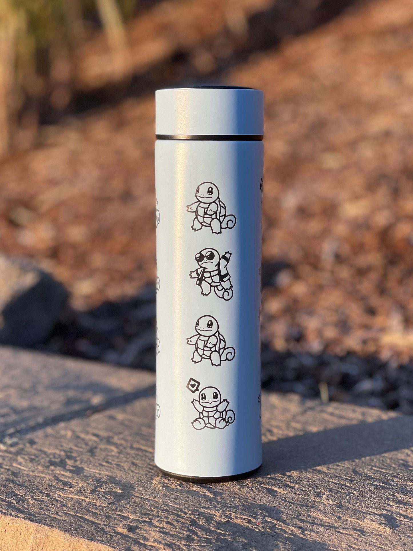 Squirtle Squad Coffee Tumbler with Tea Infuser, Glasses Sunglasses Saxophone Squirtle, Engraved Waterbottle Water Starter Travel Mug Gift