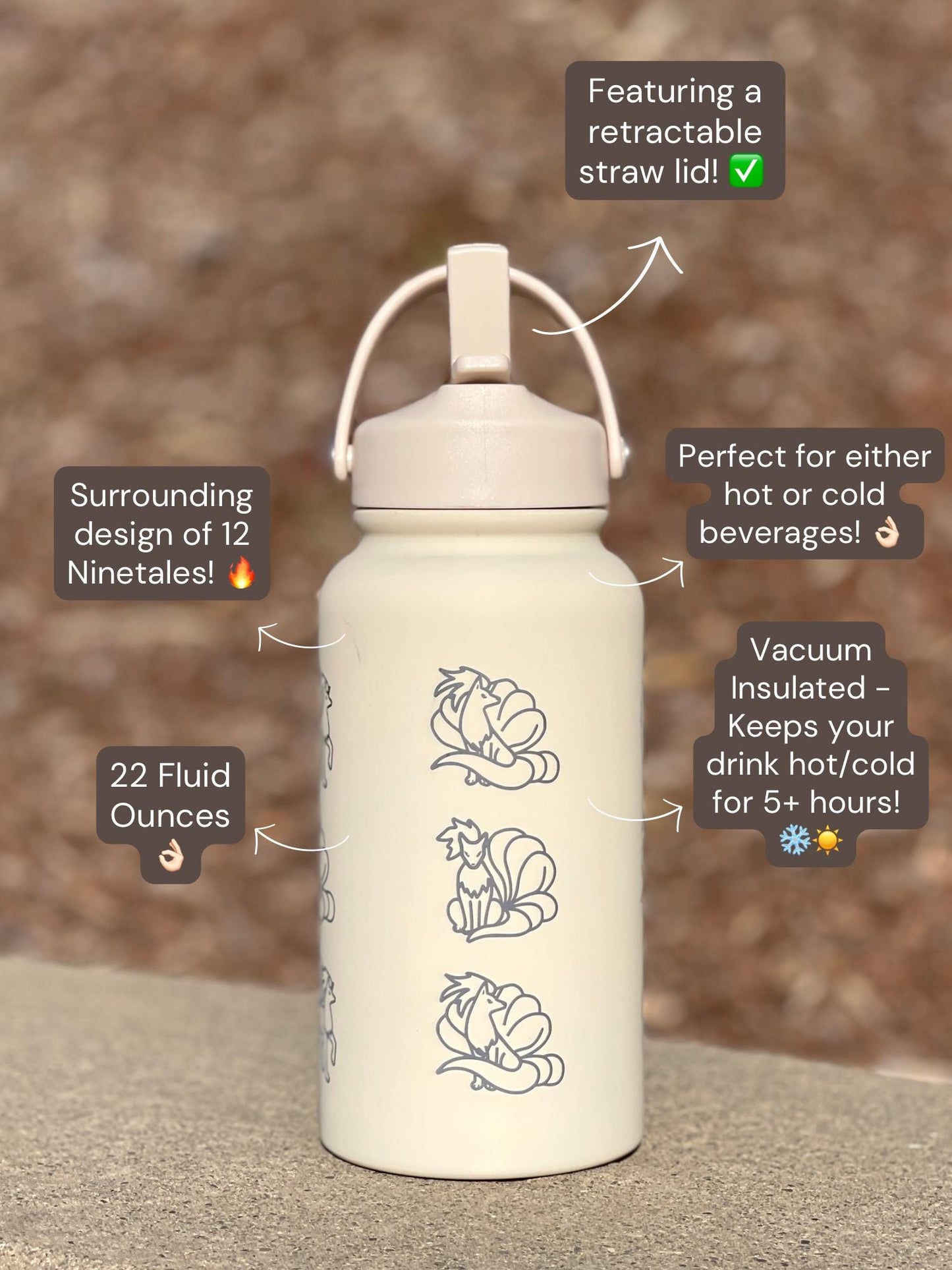 Ninetales Water Bottle Engraved Coffee Tumbler with Sleeping Ninetales, Gamer Anime Fan Waterbottle Travel Mug Thermos Birthday Gift