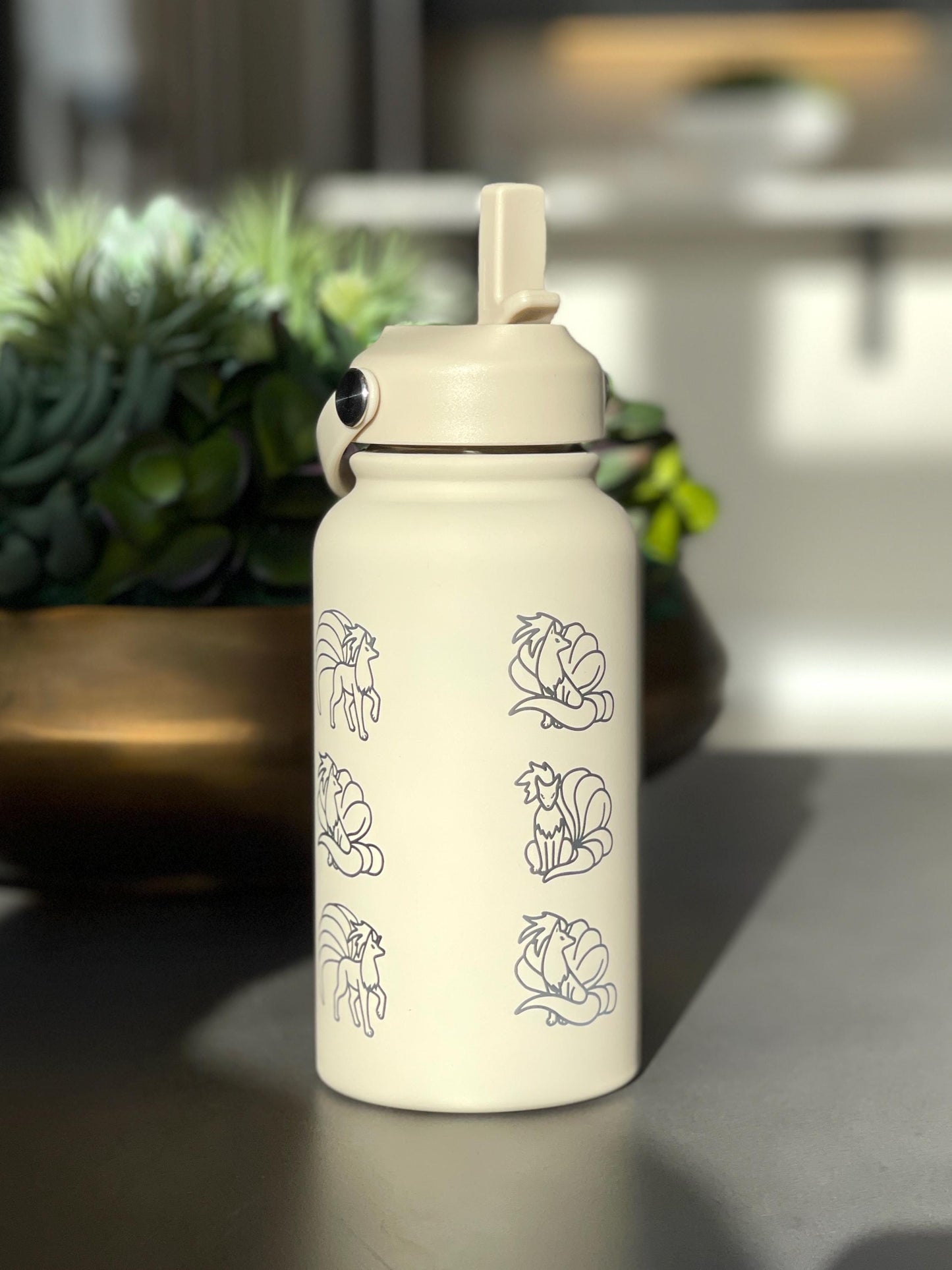 Ninetales Water Bottle Engraved Coffee Tumbler with Sleeping Ninetales, Gamer Anime Fan Waterbottle Travel Mug Thermos Birthday Gift