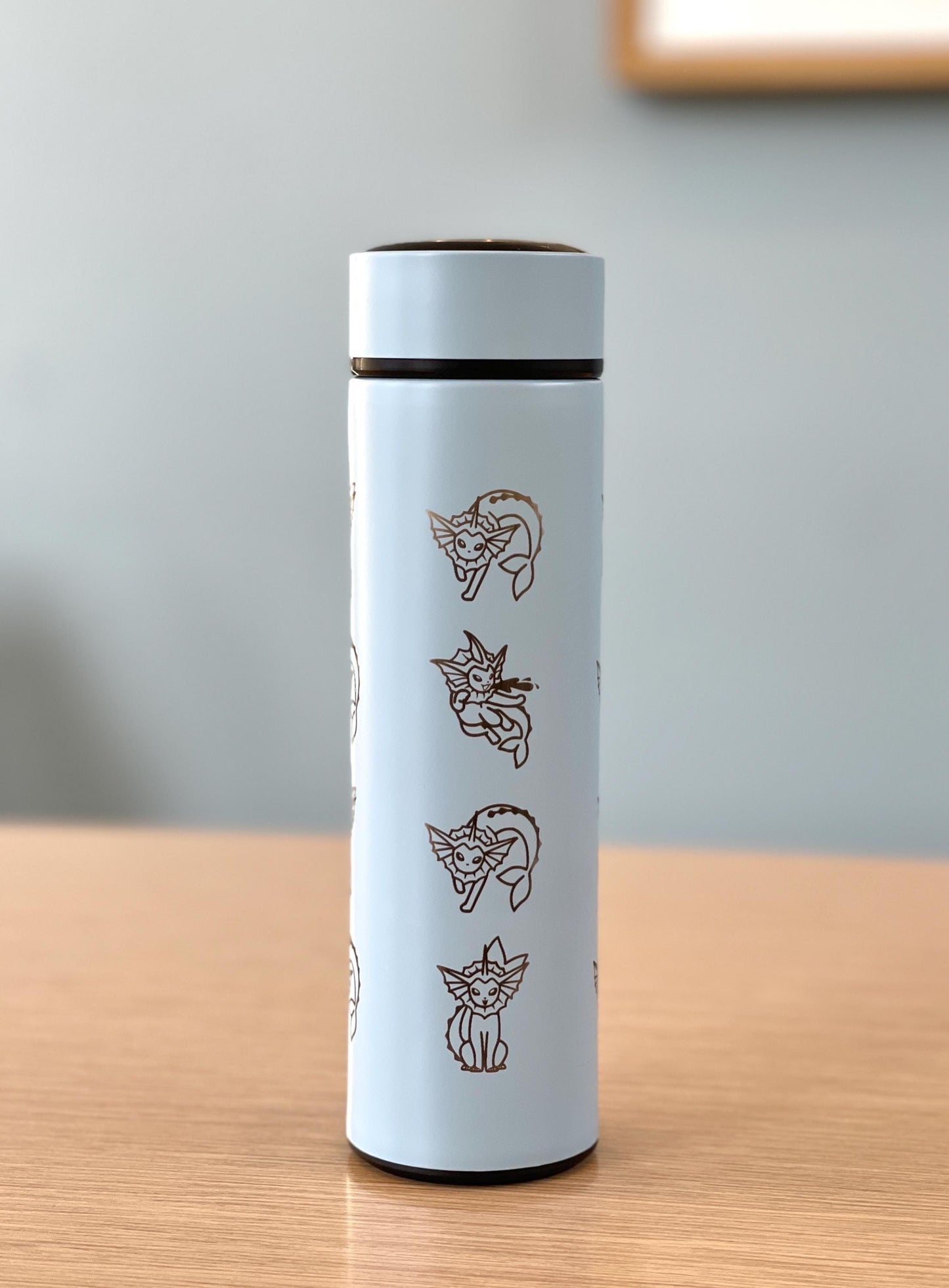 Vaporeon Coffee Tumbler with Tea Infuser, Vaporeon Water Gun & Cafe Top Hat Engraved Waterbottle, Eeveelution Anime Fan Birthday Gift