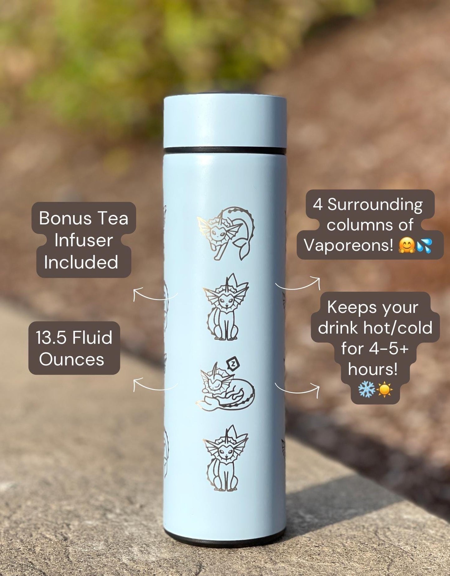 Vaporeon Coffee Tumbler with Tea Infuser, Vaporeon Water Gun & Cafe Top Hat Engraved Waterbottle, Eeveelution Anime Fan Birthday Gift
