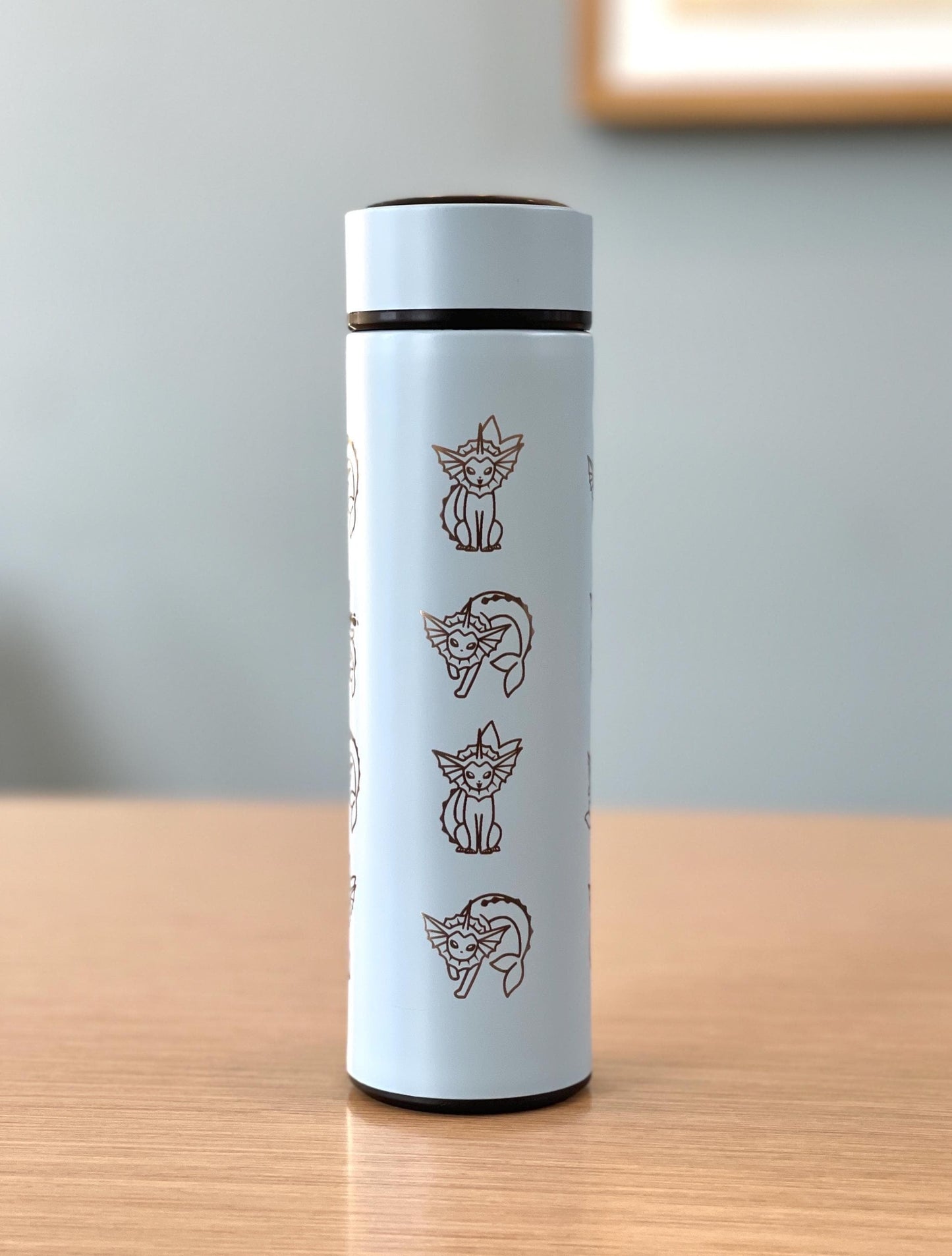 Vaporeon Coffee Tumbler with Tea Infuser, Vaporeon Water Gun & Cafe Top Hat Engraved Waterbottle, Eeveelution Anime Fan Birthday Gift