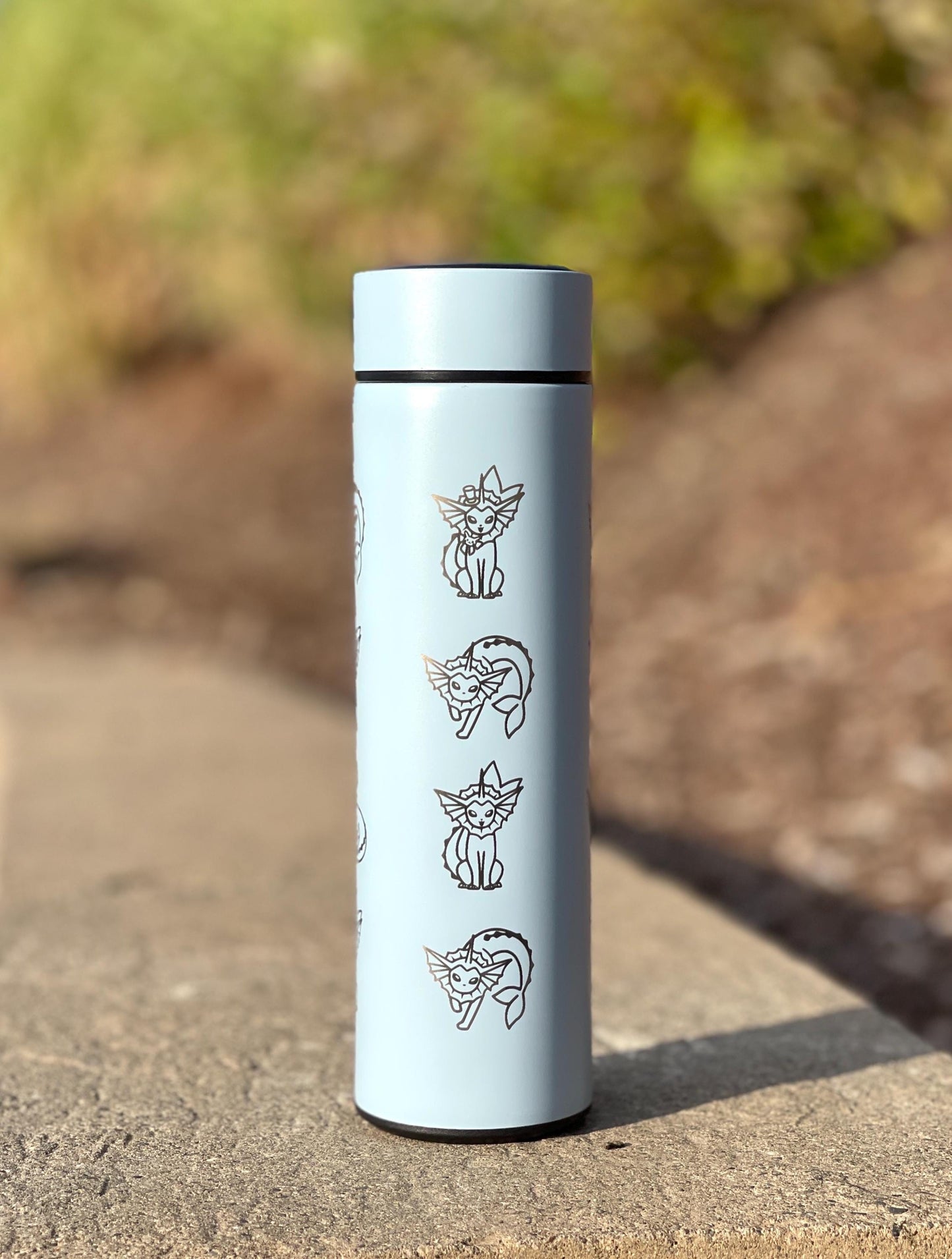 Vaporeon Coffee Tumbler with Tea Infuser, Vaporeon Water Gun & Cafe Top Hat Engraved Waterbottle, Eeveelution Anime Fan Birthday Gift