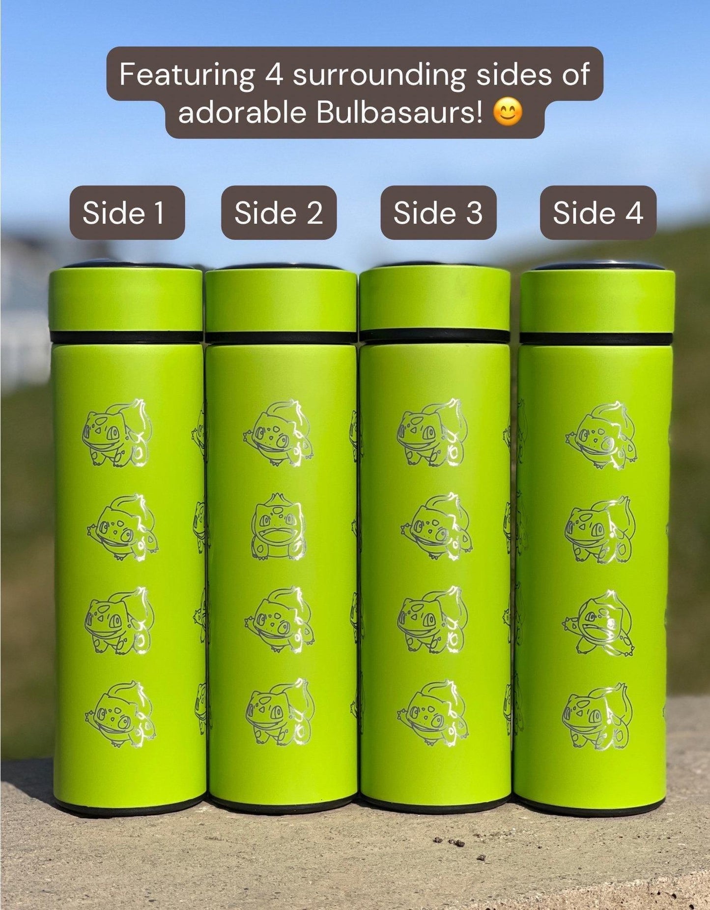 Bulbasaur Coffee Tumbler with Tea Infuser, Kanto Grass Starter Travel Cup Mug, Anime Gamer Fan Birthday Water Bottle Gift