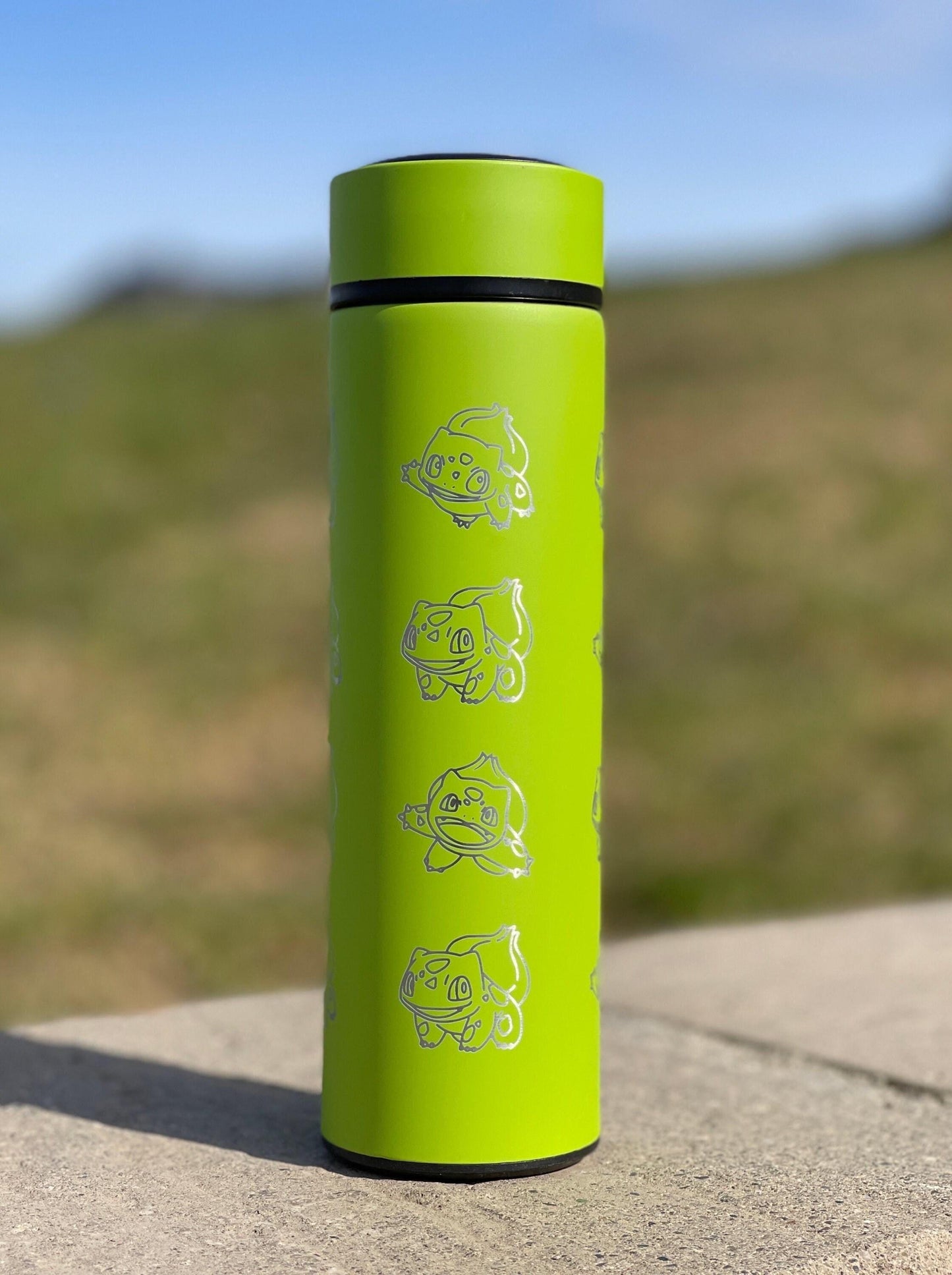 Bulbasaur Coffee Tumbler with Tea Infuser, Kanto Grass Starter Travel Cup Mug, Anime Gamer Fan Birthday Water Bottle Gift