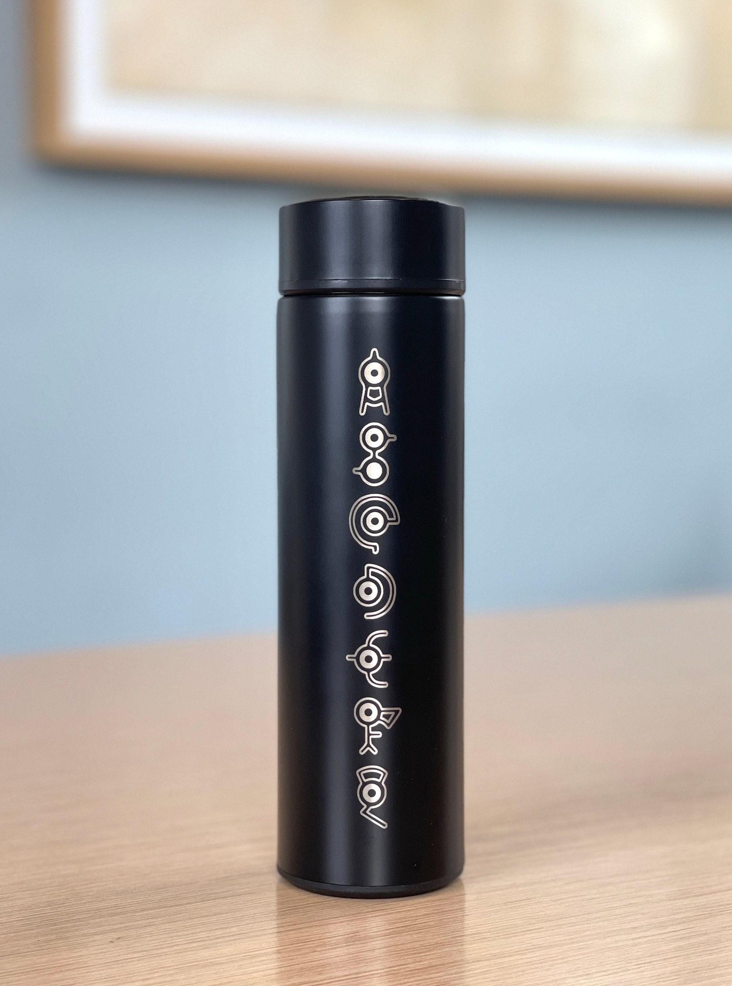 Unown Coffee Tumbler, Engraved “Unown Alphabet” Waterbottle with Tea Infuser, Unknown Anime Fan Travel Mug Cup Water Bottle Flask Gift