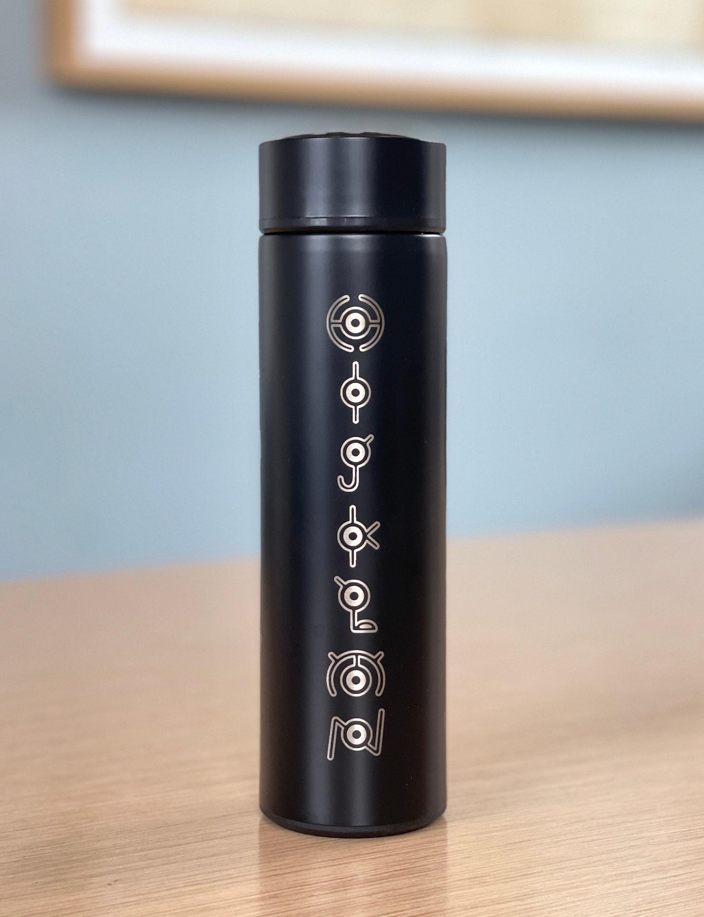 Unown Coffee Tumbler, Engraved “Unown Alphabet” Waterbottle with Tea Infuser, Unknown Anime Fan Travel Mug Cup Water Bottle Flask Gift