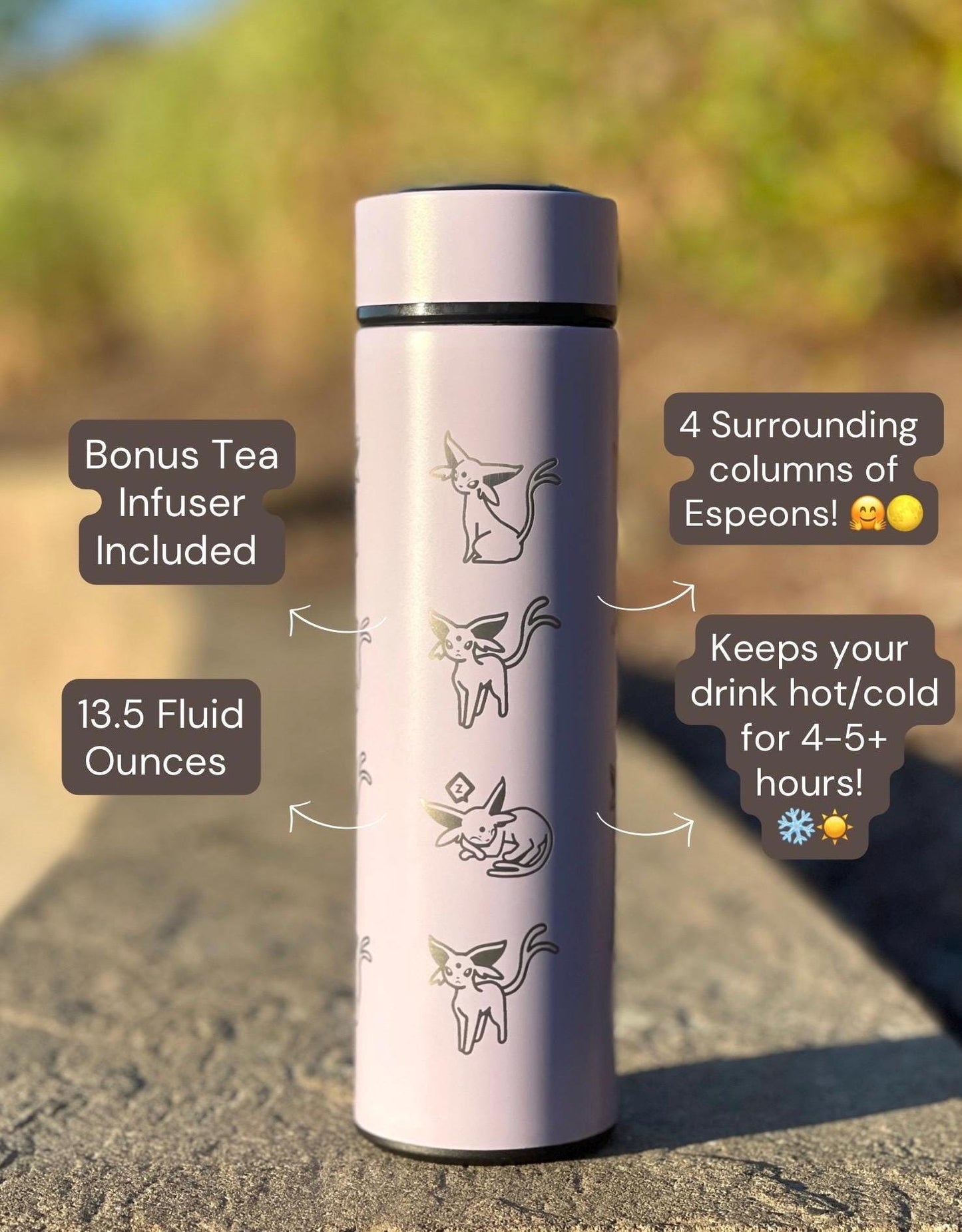 Espeon Coffee Tumbler Tea Infuser, Unite Tuxedo Style Top Hat & Sleeping Espeon Waterbottle, Eeveelution Anime Fan Birthday Gift