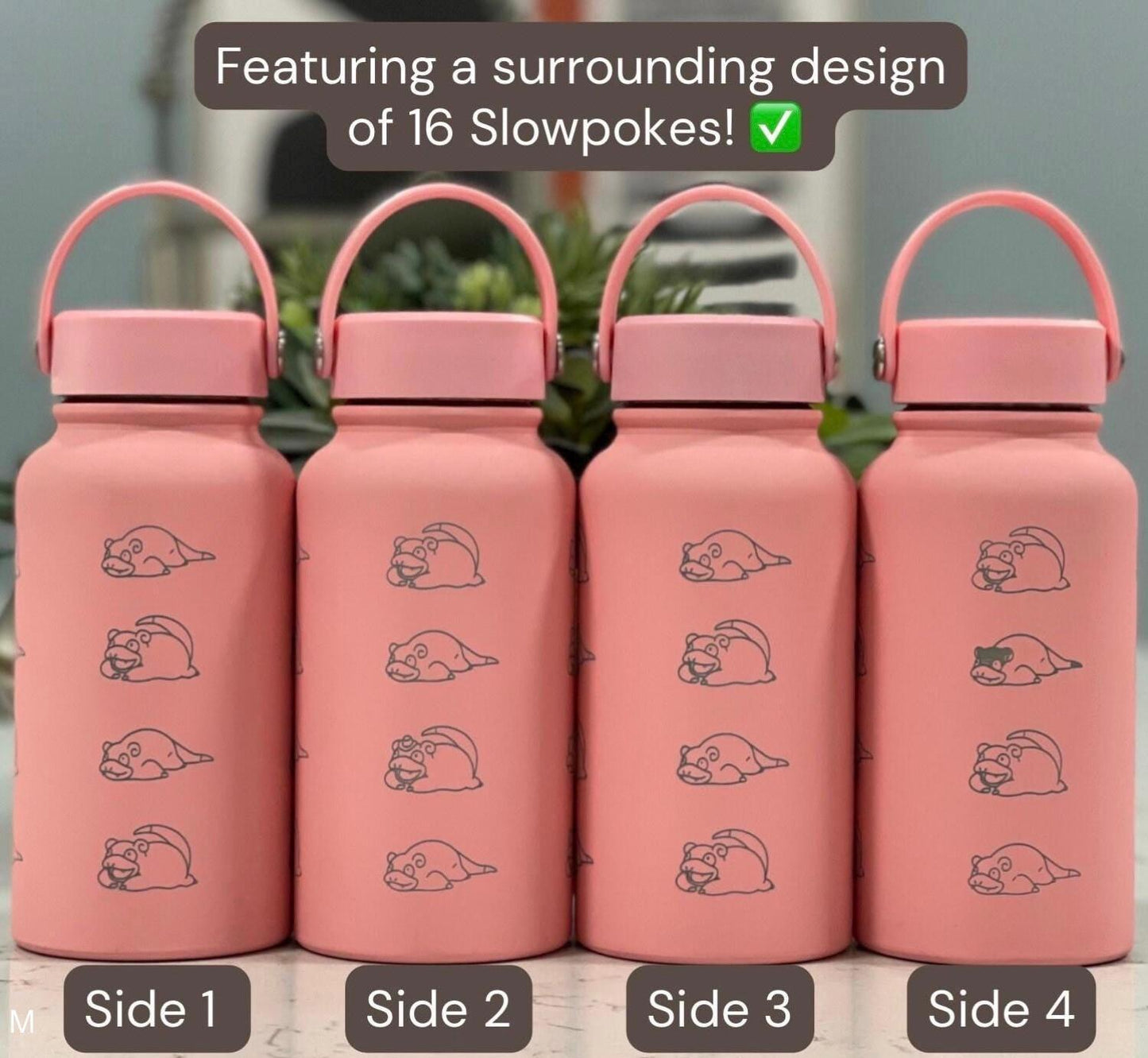 Slowpoke Water Bottle Coffee Tumbler with Galarian Slowpoke and Detective Hat, Engraved Waterbottle Travel Mug Anime Fan Birthday Gift