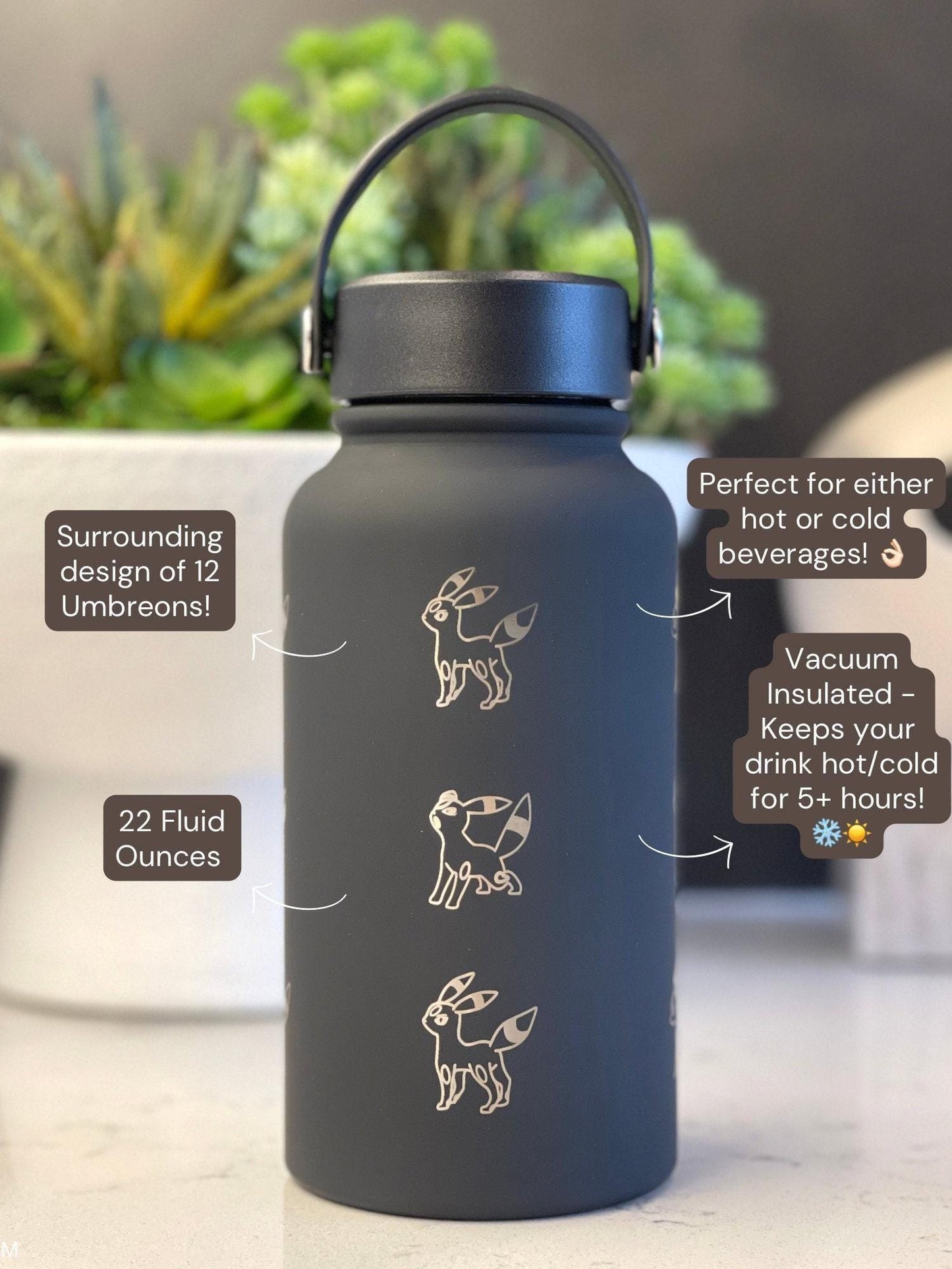 Umbreon Water Bottle Engraved Coffee Tumbler, Eevee Eeveelution Waterbottle Thermos, Anime Fan Travel Mug Birthday Anniversary Gift