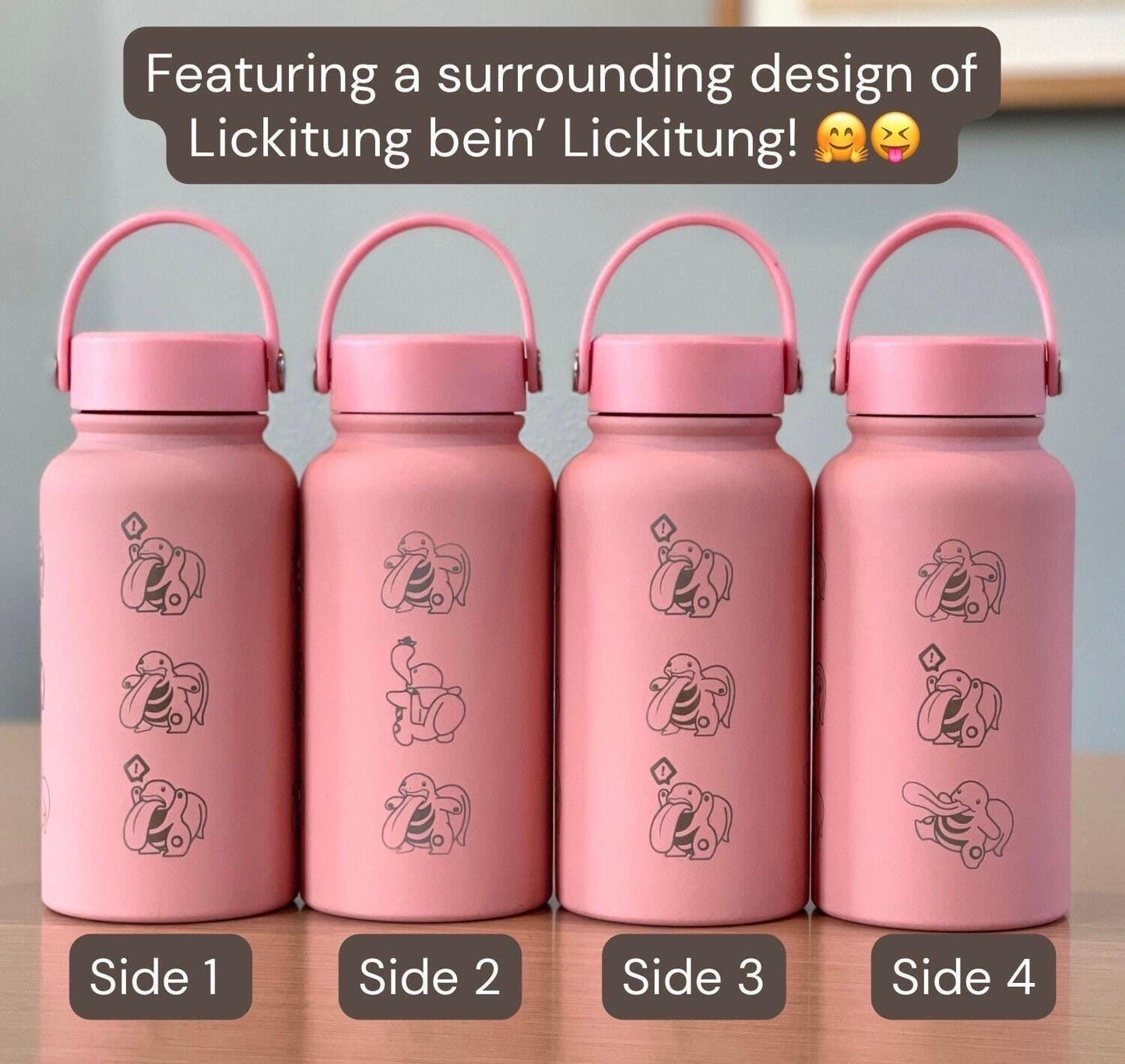 Lickitung Engraved Water Bottle, Anime Waterbottle Tumbler Coffee Tea Travel Mug Cup, Cute Funny Meme Birthday Anniversary Gift