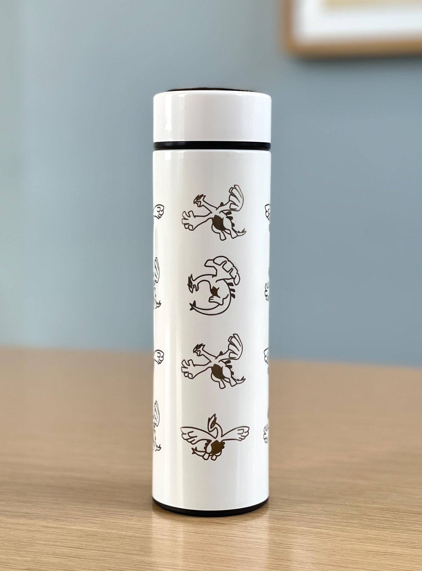 Lugia Coffee Tumbler Engraved Waterbottle with Tea Infuser, Aeroblast Move, Johto Legendary Pokemon Gale of Darkness Travel Mug Cup Gift
