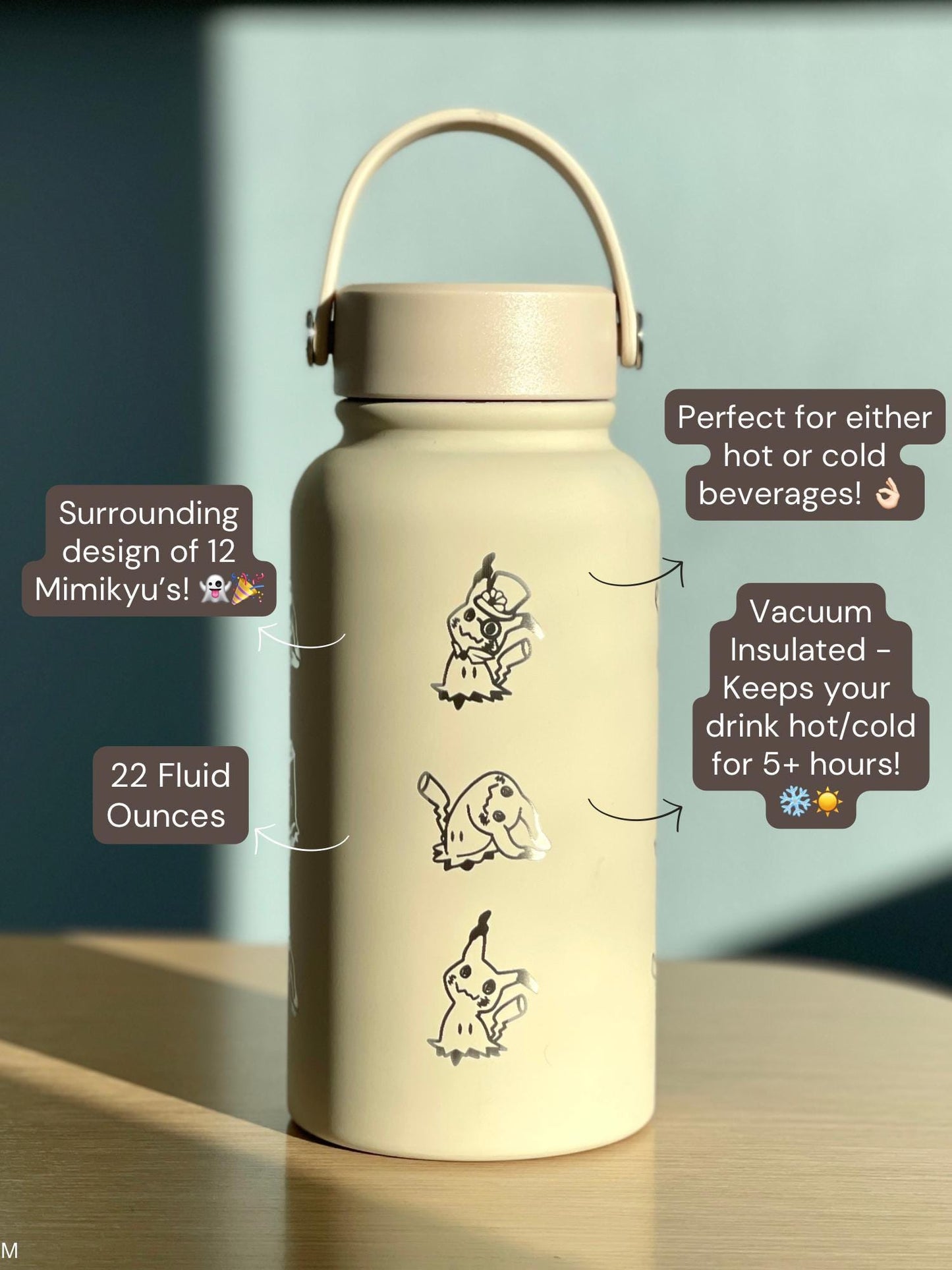 Mimikyu Water Bottle Engraved Coffee Tumbler with Disguised & Busted Form, Unite Noble Style Dapper Hat, Jesse’s Mimikyu Waterbottle Thermos
