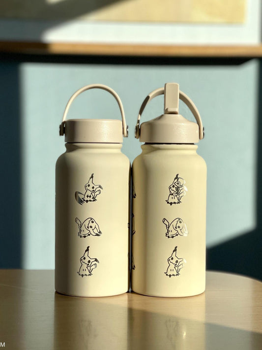 Mimikyu Water Bottle Engraved Coffee Tumbler with Disguised & Busted Form, Unite Noble Style Dapper Hat, Jesse’s Mimikyu Waterbottle Thermos