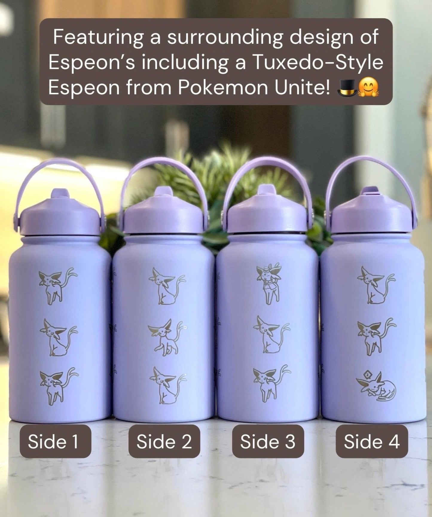 Espeon Straw Water Bottle Engraved Coffee Tumbler with Unite Tuxedo Style & Top Hat Waterbottle, Psychic Eeveelution Anime Fan Birthday Gift