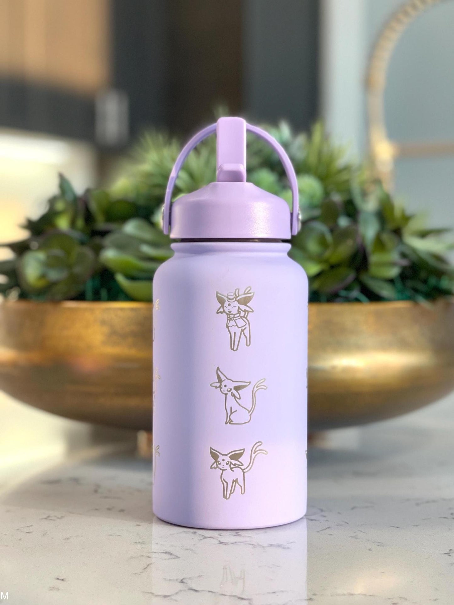 Espeon Straw Water Bottle Engraved Coffee Tumbler with Unite Tuxedo Style & Top Hat Waterbottle, Psychic Eeveelution Anime Fan Birthday Gift