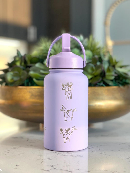 Espeon Straw Water Bottle Engraved Coffee Tumbler with Unite Tuxedo Style & Top Hat Waterbottle, Psychic Eeveelution Anime Fan Birthday Gift