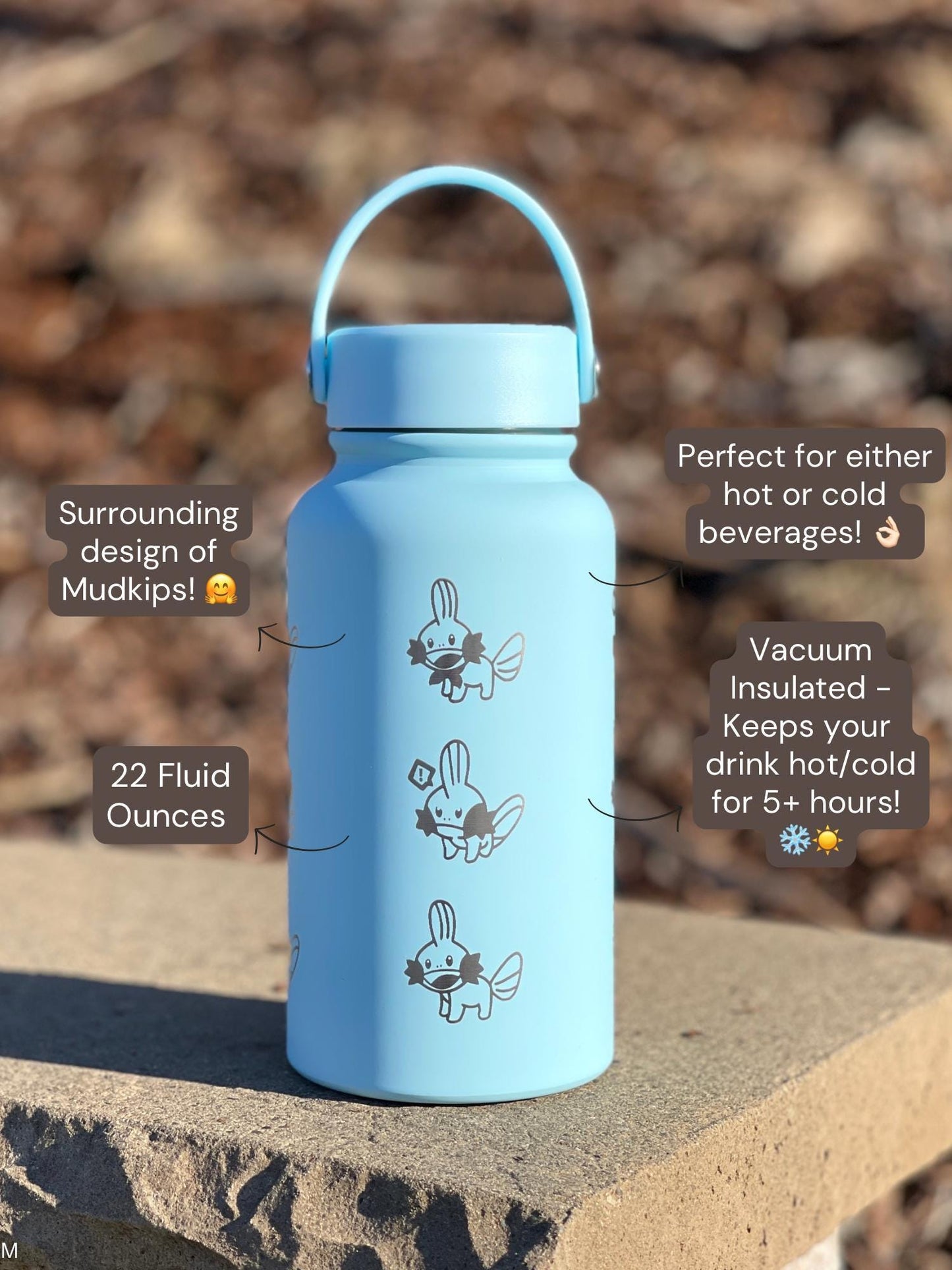 Mudkip Water Bottle Engraved Coffee Tumbler with Mystery Dungeon Scarf, Hoenn Water Starter Waterbottle Thermos, Cute Anime Birthday Gift