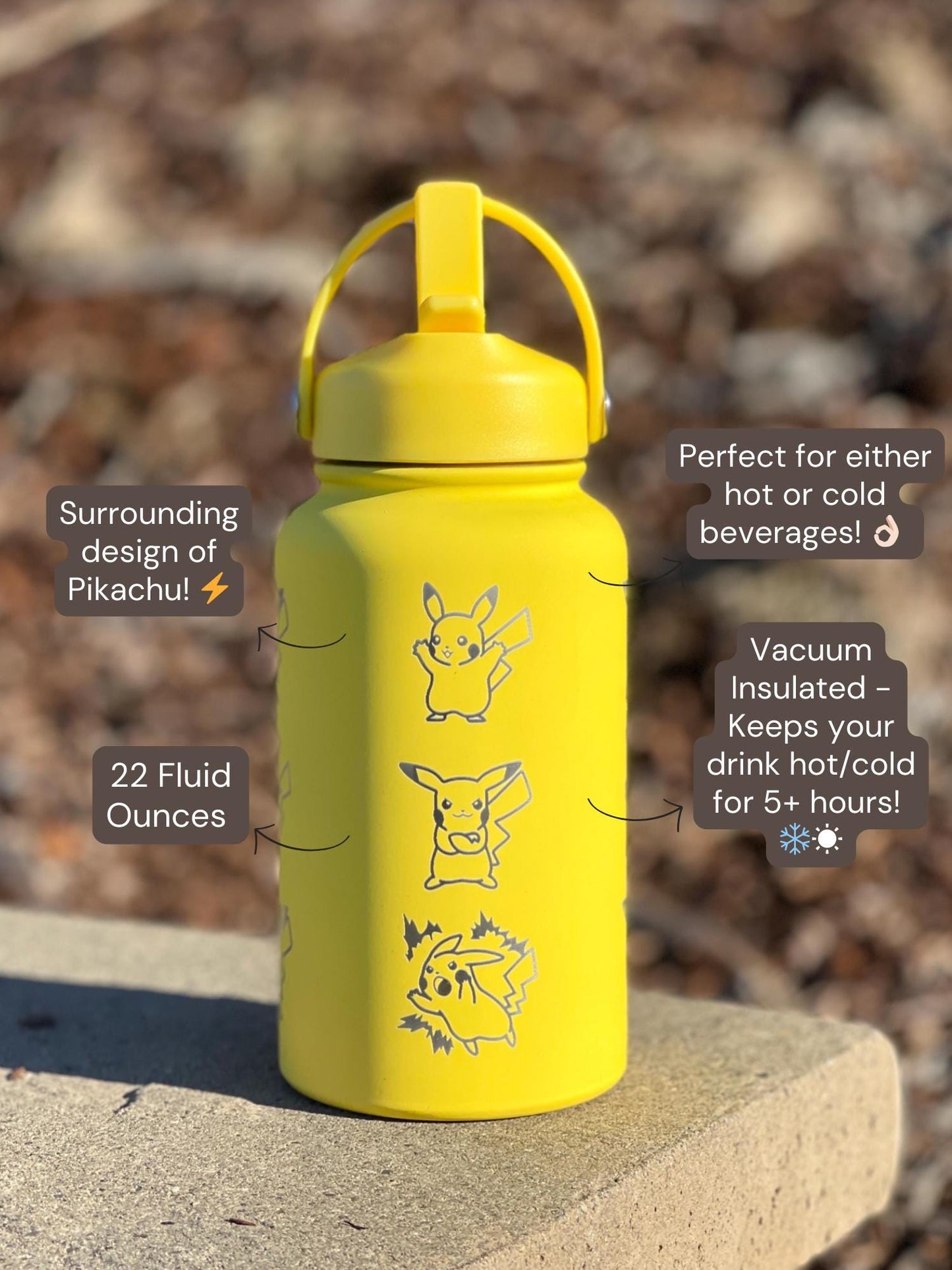 Pikachu Water Bottle with Captain & Detective Pikachu Volt Tackle, Engraved Waterbottle Coffee Tumbler Thermos, Anime Fan Birthday Gift