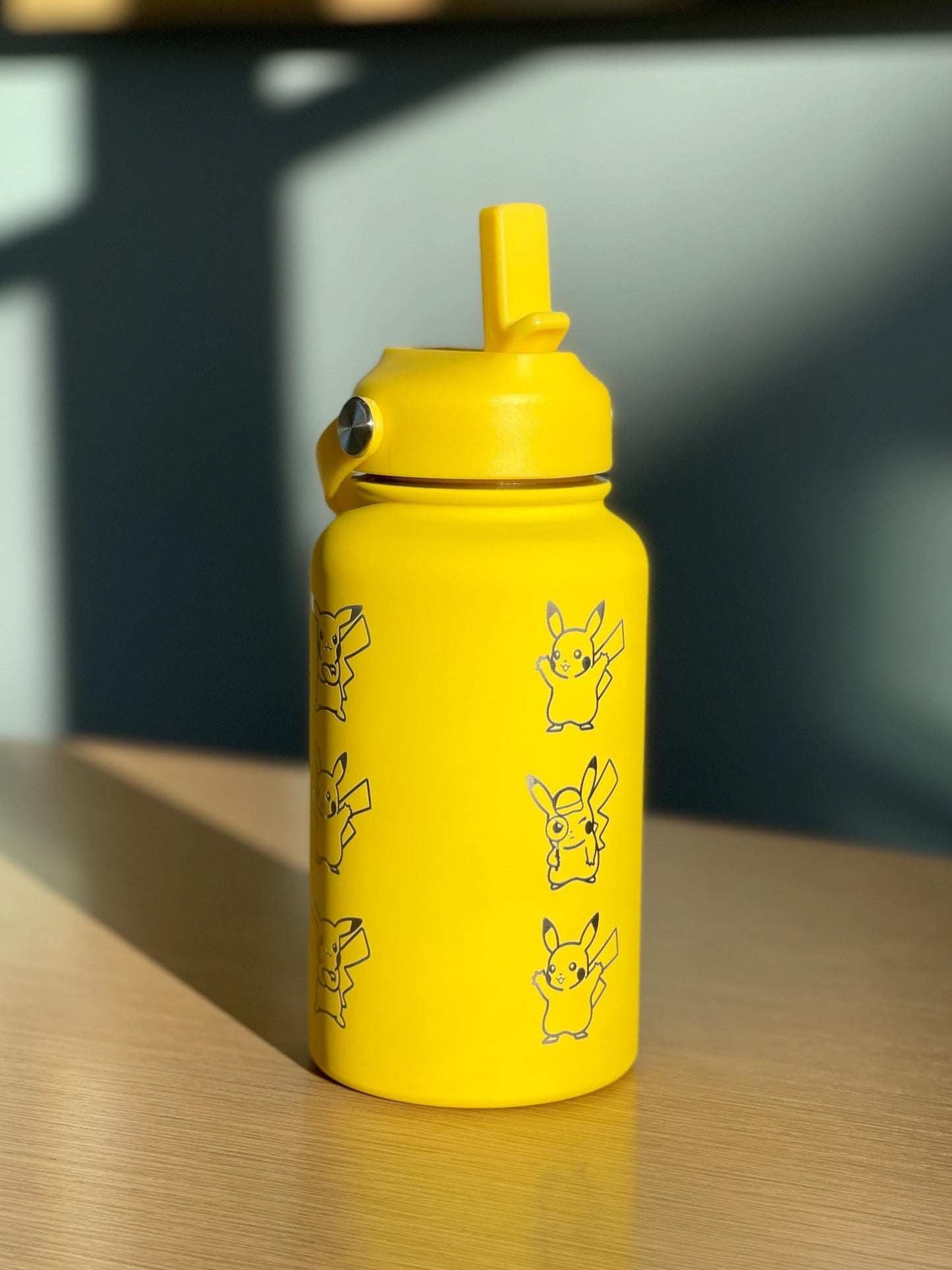 Pikachu Water Bottle with Captain & Detective Pikachu Volt Tackle, Engraved Waterbottle Coffee Tumbler Thermos, Anime Fan Birthday Gift