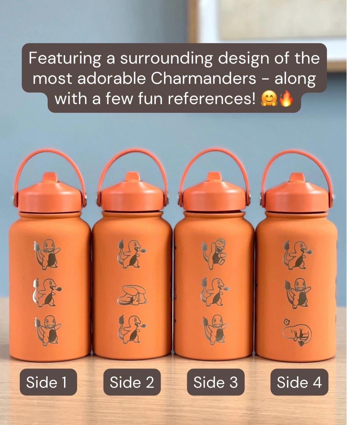 Charmander Water Bottle Engraved Coffee Tea Tumbler with Sleeping Charmander Leaf, Fire Kanto Starter Waterbottle, Gamer Birthday Gift