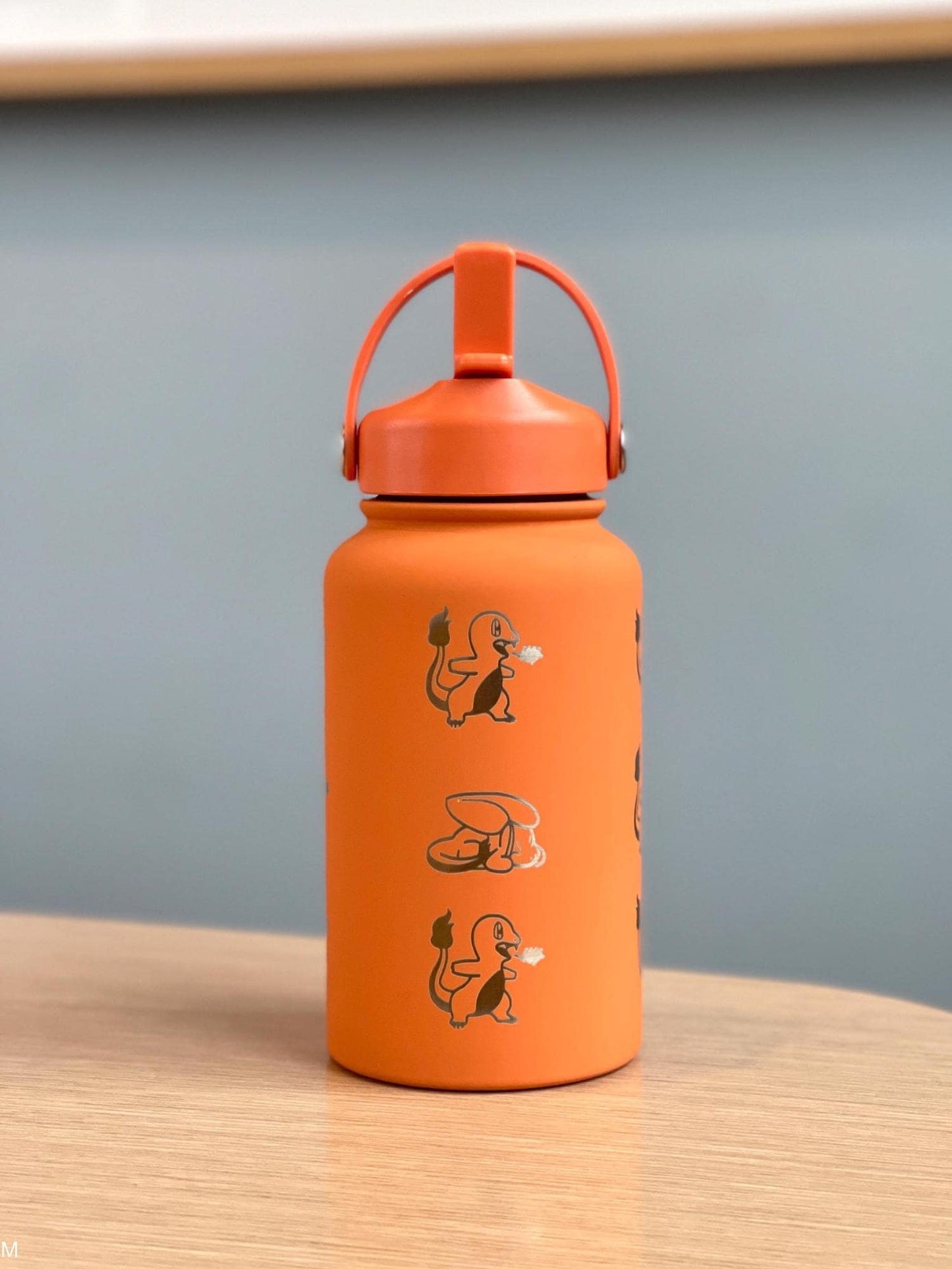 Charmander Water Bottle Engraved Coffee Tea Tumbler with Sleeping Charmander Leaf, Fire Kanto Starter Waterbottle, Gamer Birthday Gift