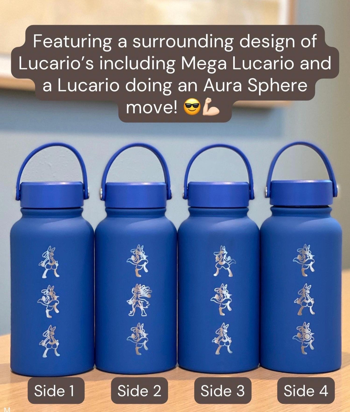 Lucario Water Bottle Engraved Coffee Tumbler with Mega Lucario and Aura Sphere, Tea Thermos Waterbottle, Sinnoh Anime Fan Birthday Gift