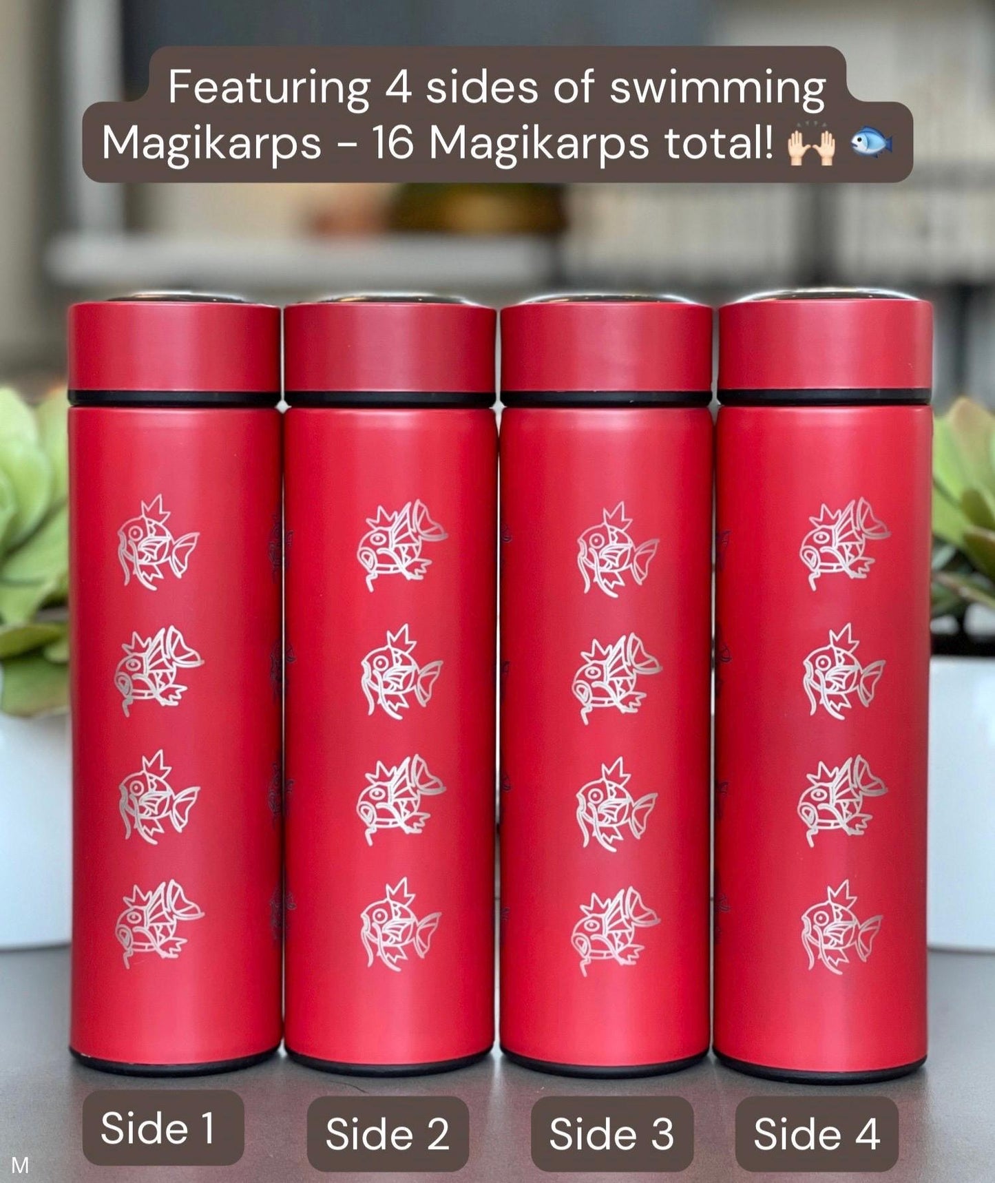 Magikarp Coffee Tumbler, Engraved Water Bottle with Tea Infuser, Cute Meme Waterbottle Travel Mug Thermos Flask, Anime Fan Birthday Gift