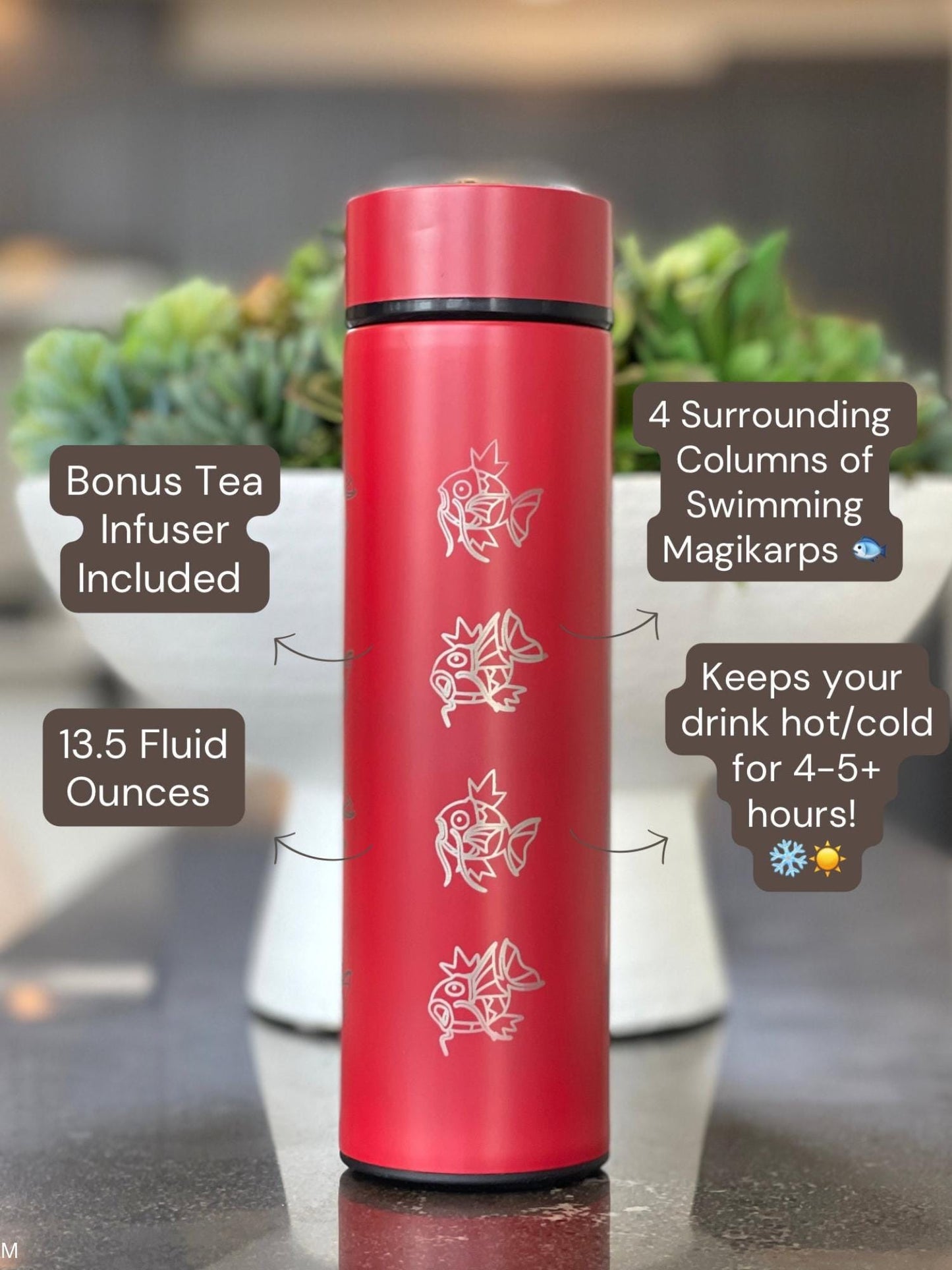 Magikarp Coffee Tumbler, Engraved Water Bottle with Tea Infuser, Cute Meme Waterbottle Travel Mug Thermos Flask, Anime Fan Birthday Gift